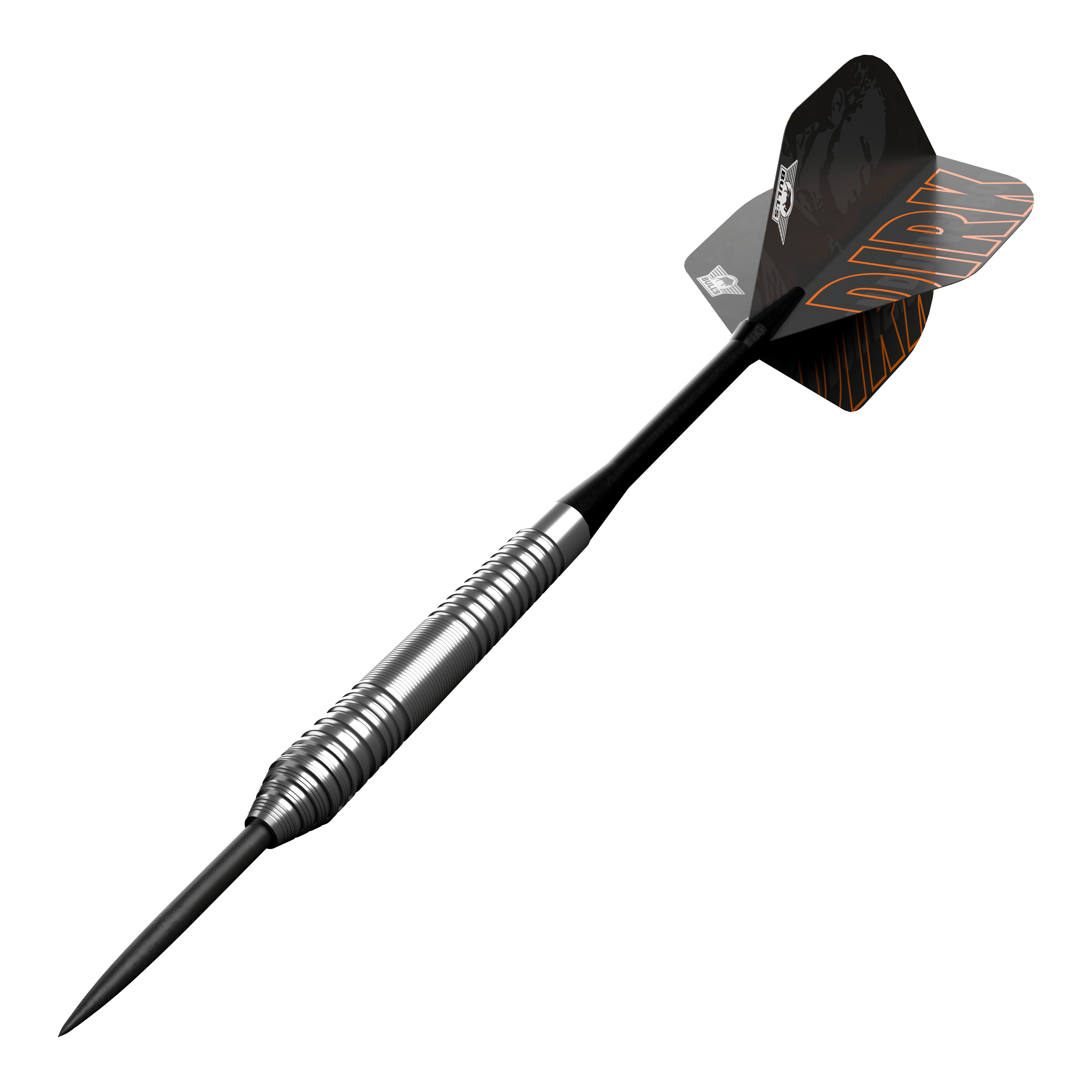Bulls NL Dirk Van Duijvenbode 80 steel darts Dies ist ein Steeldart aus der Serie "Bulls NL Dirk Van Duijvenbode 80". Der Dart hat ein silbernes, geriffeltes Barrel und schwarze Flights mit orangefarbener Aufschrift.