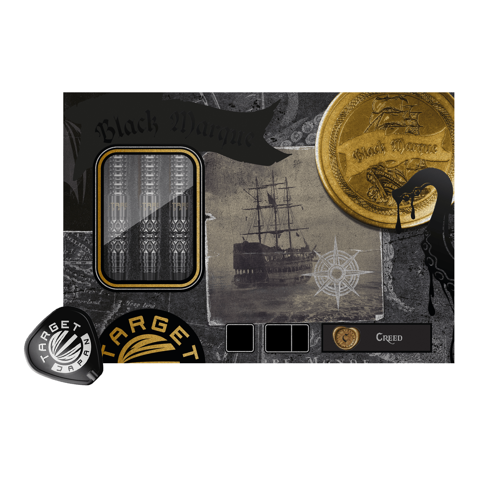 Target Japan Black Marque Creed Swiss Point Steel Darts - 23g Abgebildet sind die Target Japan Black Marque Creed Swiss Point Steeldarts - 23g. Diese Steeldarts bieten Präzision und optisch ansprechende Details.