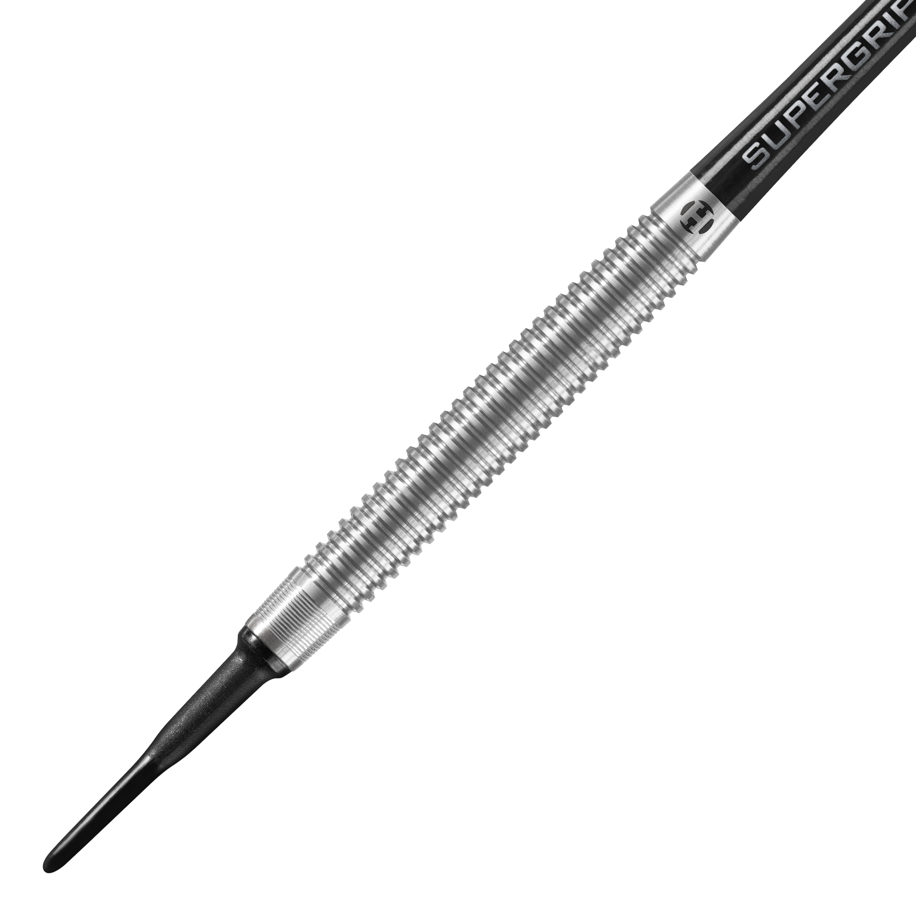 Harrows Shard Soft Darts Das Bild zeigt einen Harrows Shard Softdart mit silbernem, gerilltem Griffbereich. Die Spitze ist schwarz und die Schaftaufschrift lautet "Supergrip".