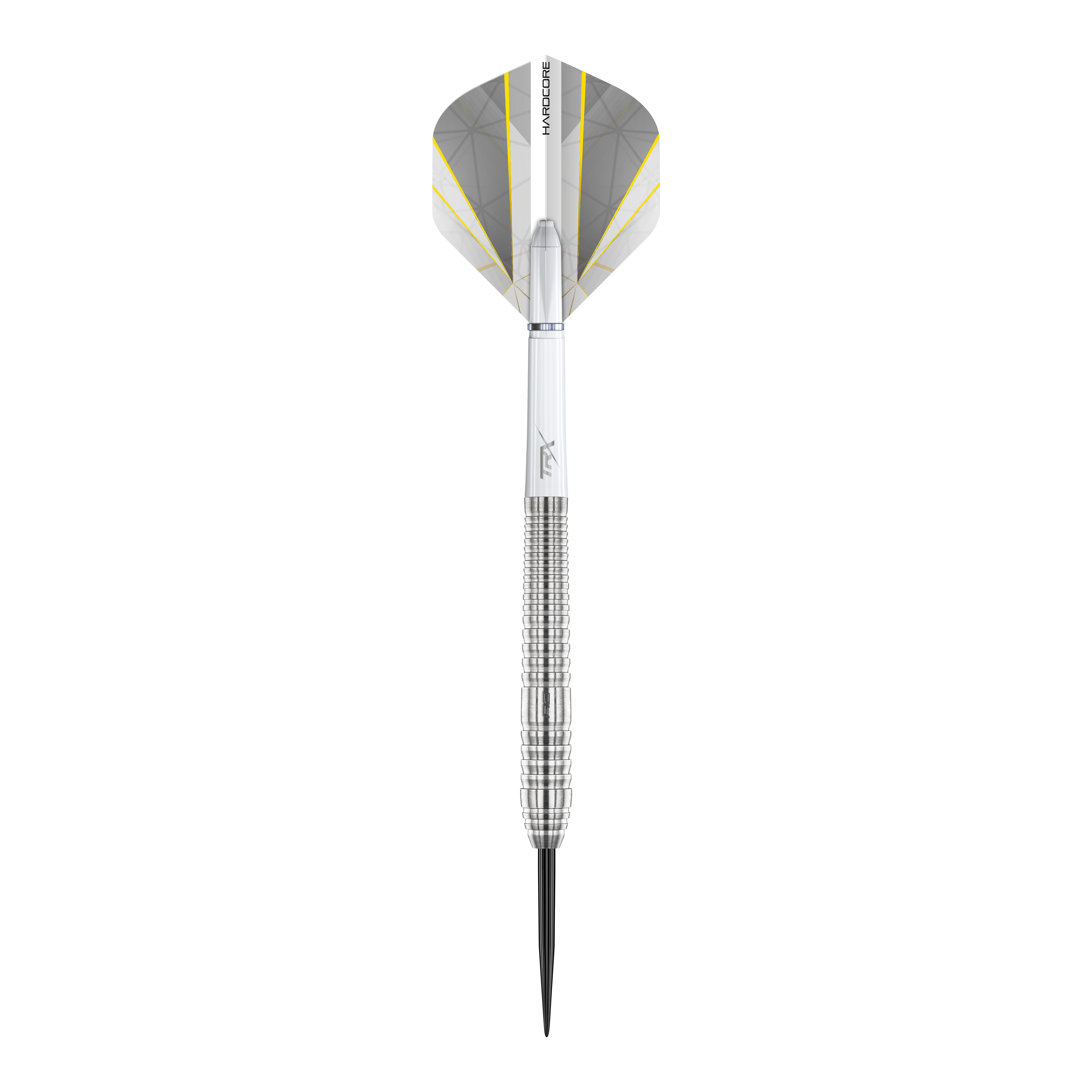 Red Dragon Seren 2 Pure Steeldarts Das Bild zeigt einen Red Dragon Seren 2 Pure Steeldart mit silbernem Schaft und Spitze. Die Flights sind weiß mit grauen und gelben Akzenten gestaltet.