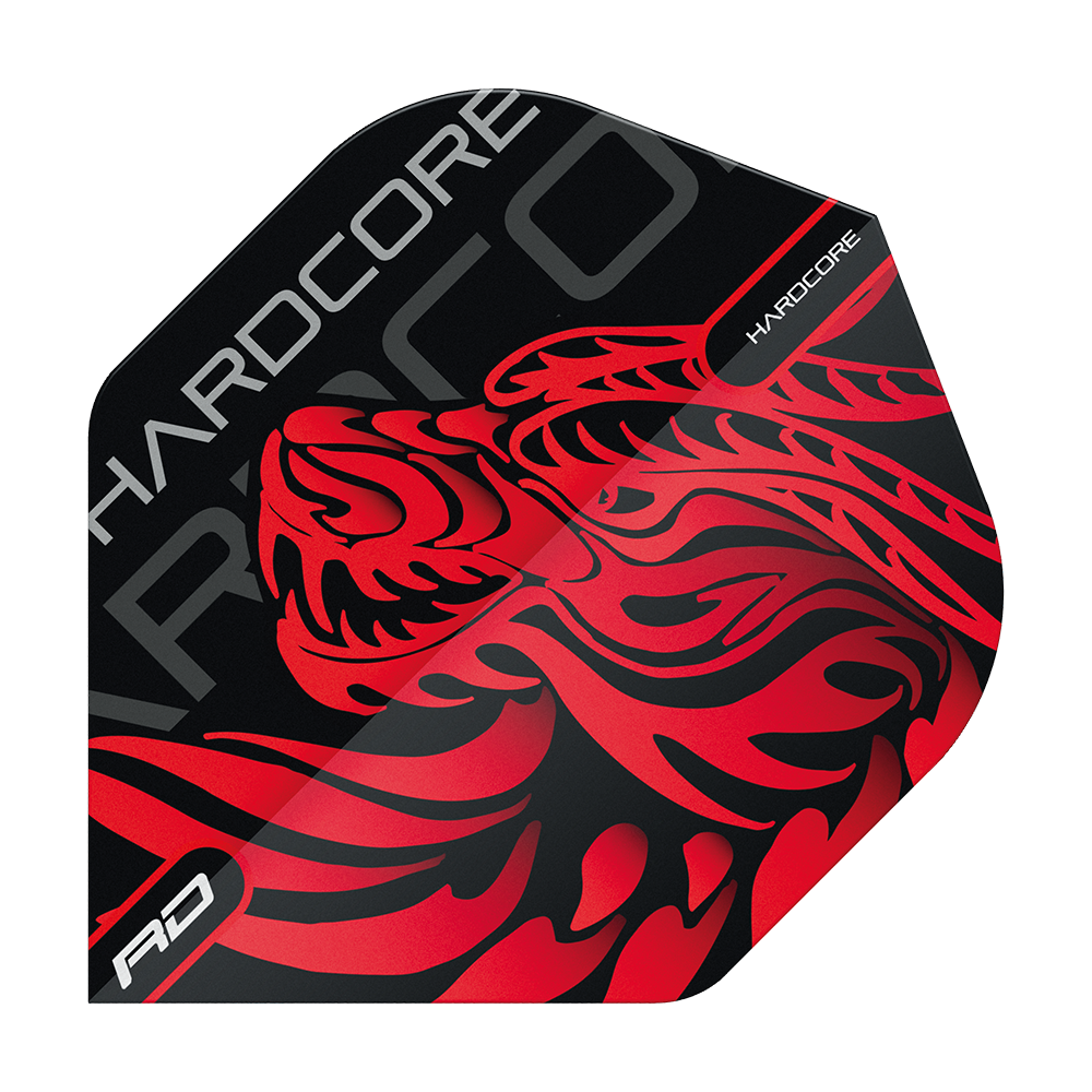 TF6537_Red_Dragon_Hardcore_Jonny_Clayton_Dragon_Standard_Flights_1TVLrIWaEd2U23 Das Bild zeigt ein Dartflight mit einem rot-schwarzen Drachen-Design. Auf dem Flight steht das Wort "HARDCORE" in großen Buchstaben.