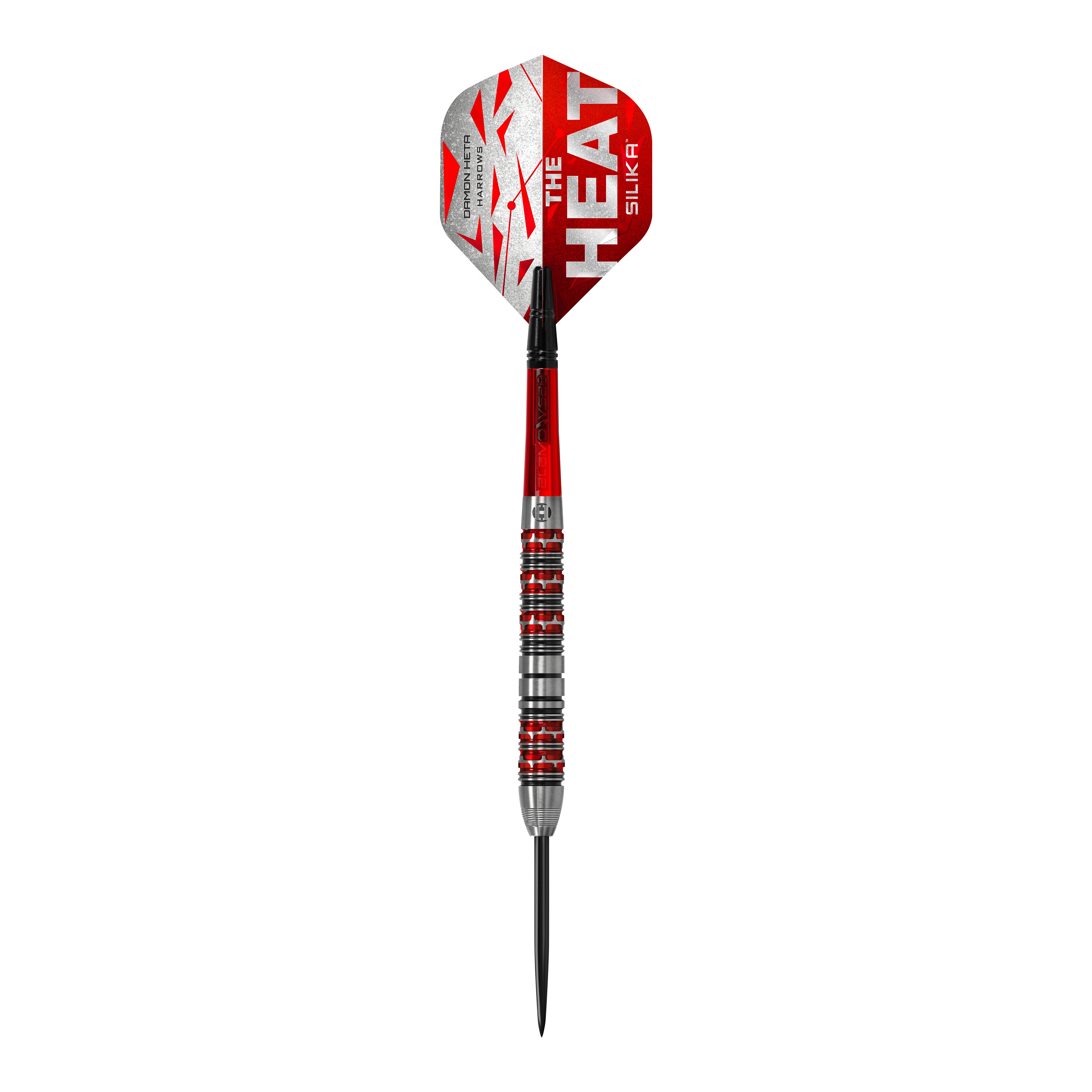 Harrow's Damon Heta Series 3 steel darts Das Bild zeigt einen Steeldart der Marke "Harrows Damon Heta Series 3". Der Dart hat rote und silberne Akzente sowie die Aufschrift „THE HEAT“ auf dem Flight.