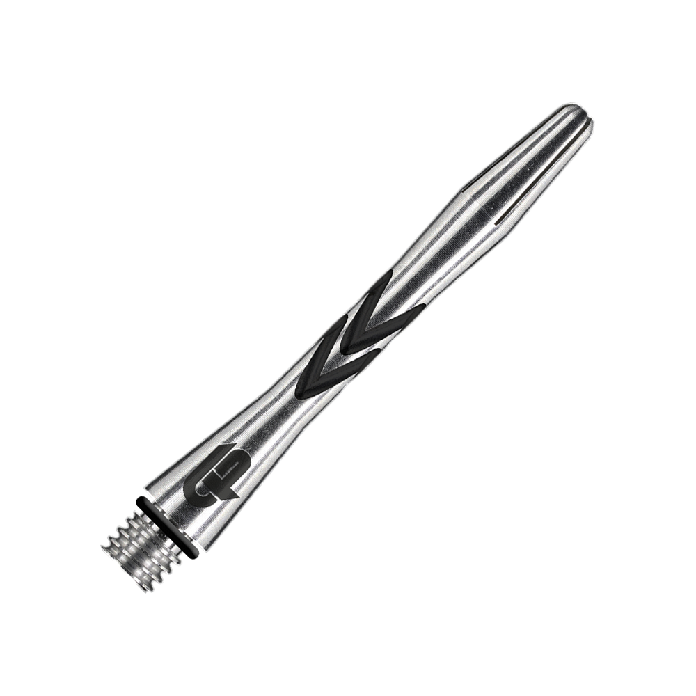 Das Bild zeigt einen Red Dragon Gerwyn Price V-Groove Black Aluminium Shaft in 36 mm Länge. Der Schaft ist silberfarben mit schwarzen Rillen und hat ein Schraubgewinde am Ende.