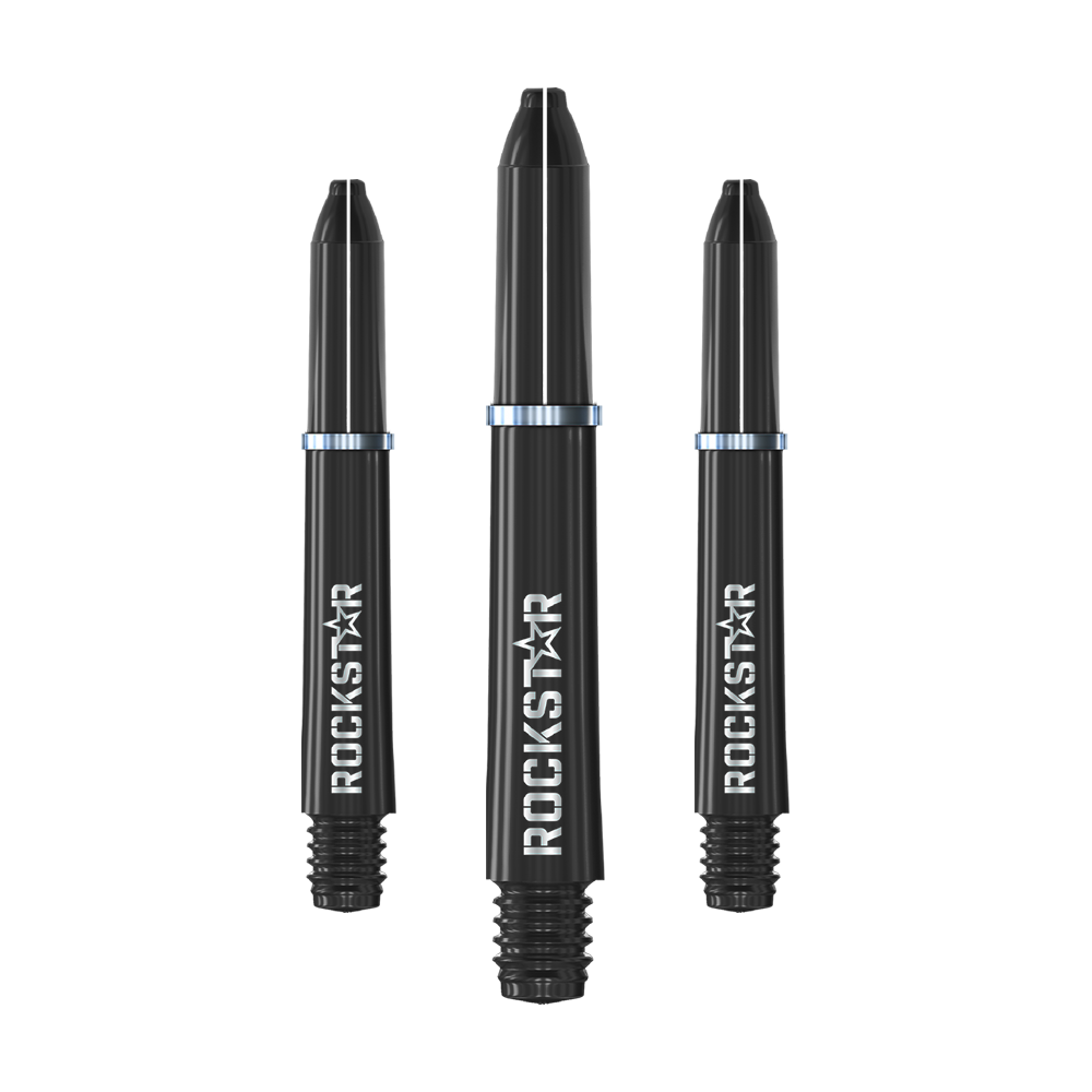 Winmau Joe Cullen Rockstar Nylon Shafts Black Das Bild zeigt drei schwarze Dartschäfte mit der Aufschrift "ROCKSTAR". Sie sind jeweils mit einem silbernen Metallring versehen.
