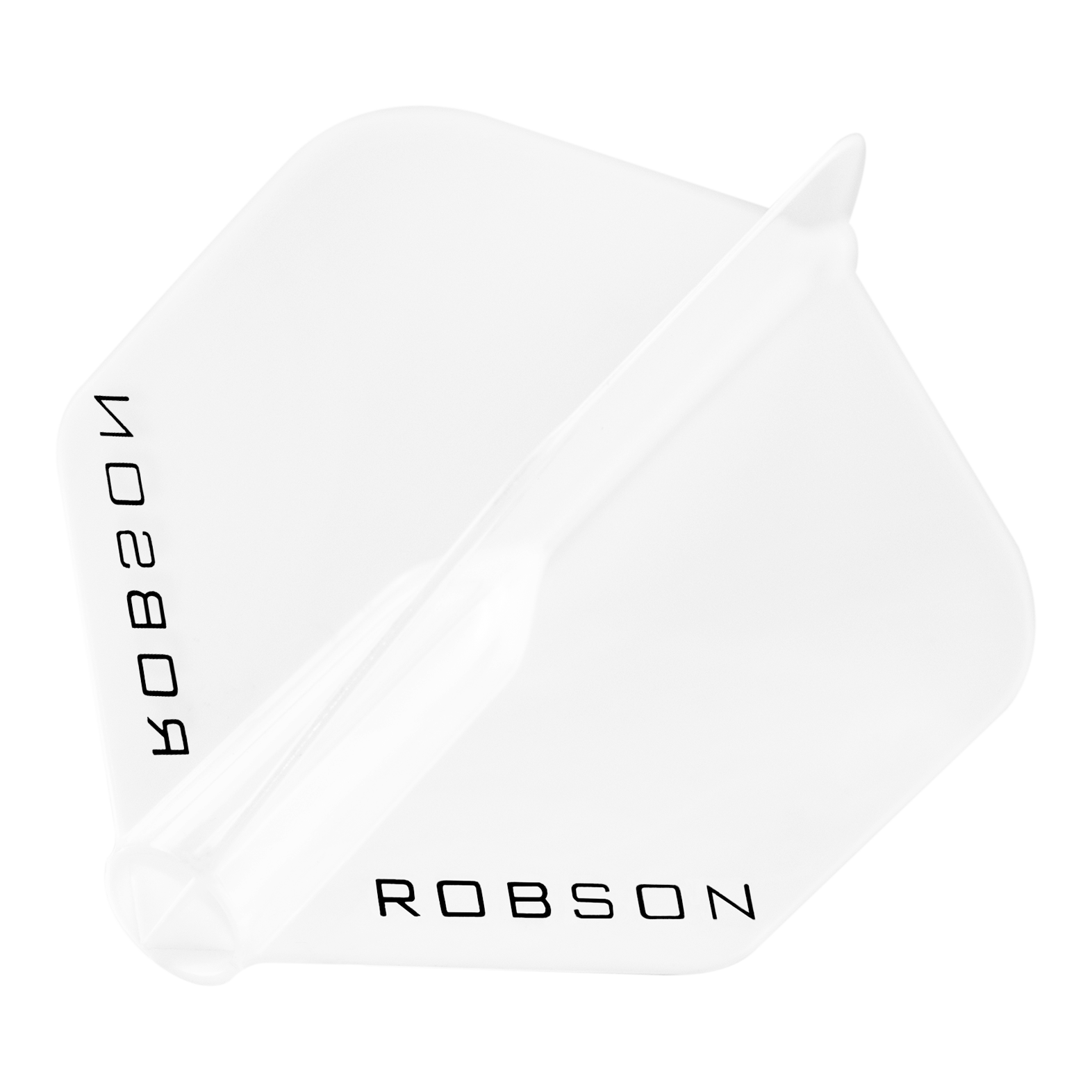 Robson Plus Flights - Standard Das Bild zeigt einen klaren Dart-Flügel mit der Aufschrift "ROBSON". Der Flügel hat eine standardmäßige, sechseckige Form.