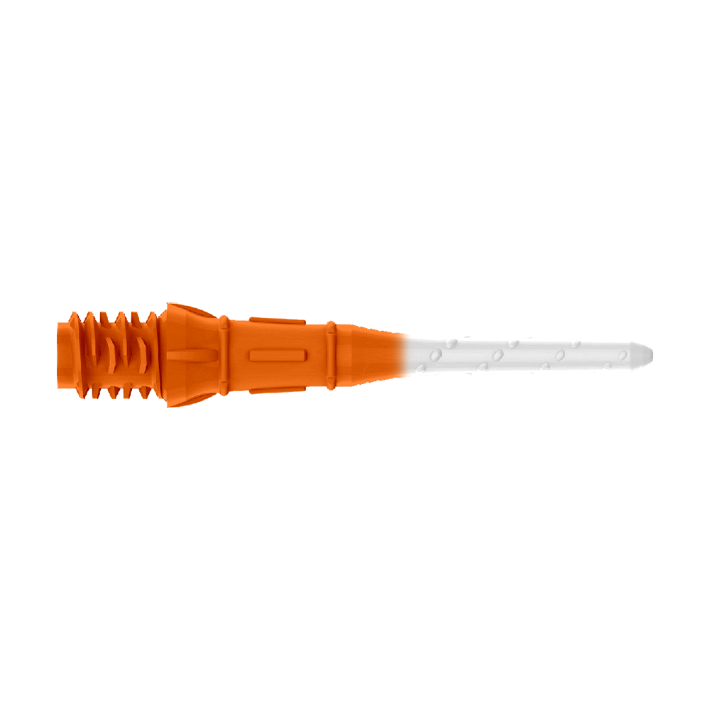 L-Style Premium Two Tone Lippoints (Pack of 30) Das Bild zeigt eine zweifarbige Kunststoffspitze, die auf einer Seite orange und auf der anderen weiß ist. Es handelt sich um eine Ersatzspitze für ein elektronisches Dart.