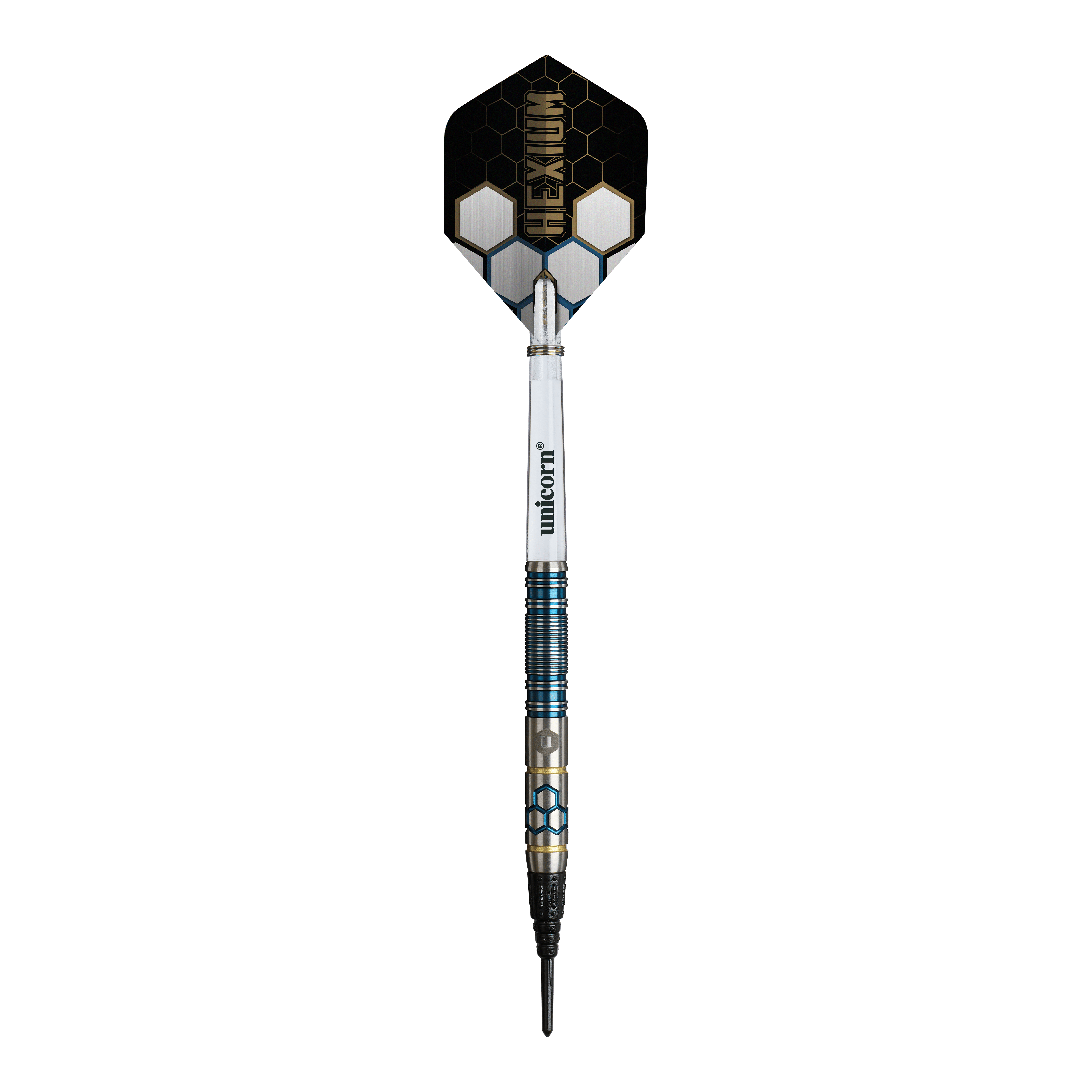 Hier sieht man die Unicorn Hexium Style 02 Blue & Gold Softdarts - 21g. Die Darts sind in Blau und Gold gehalten.