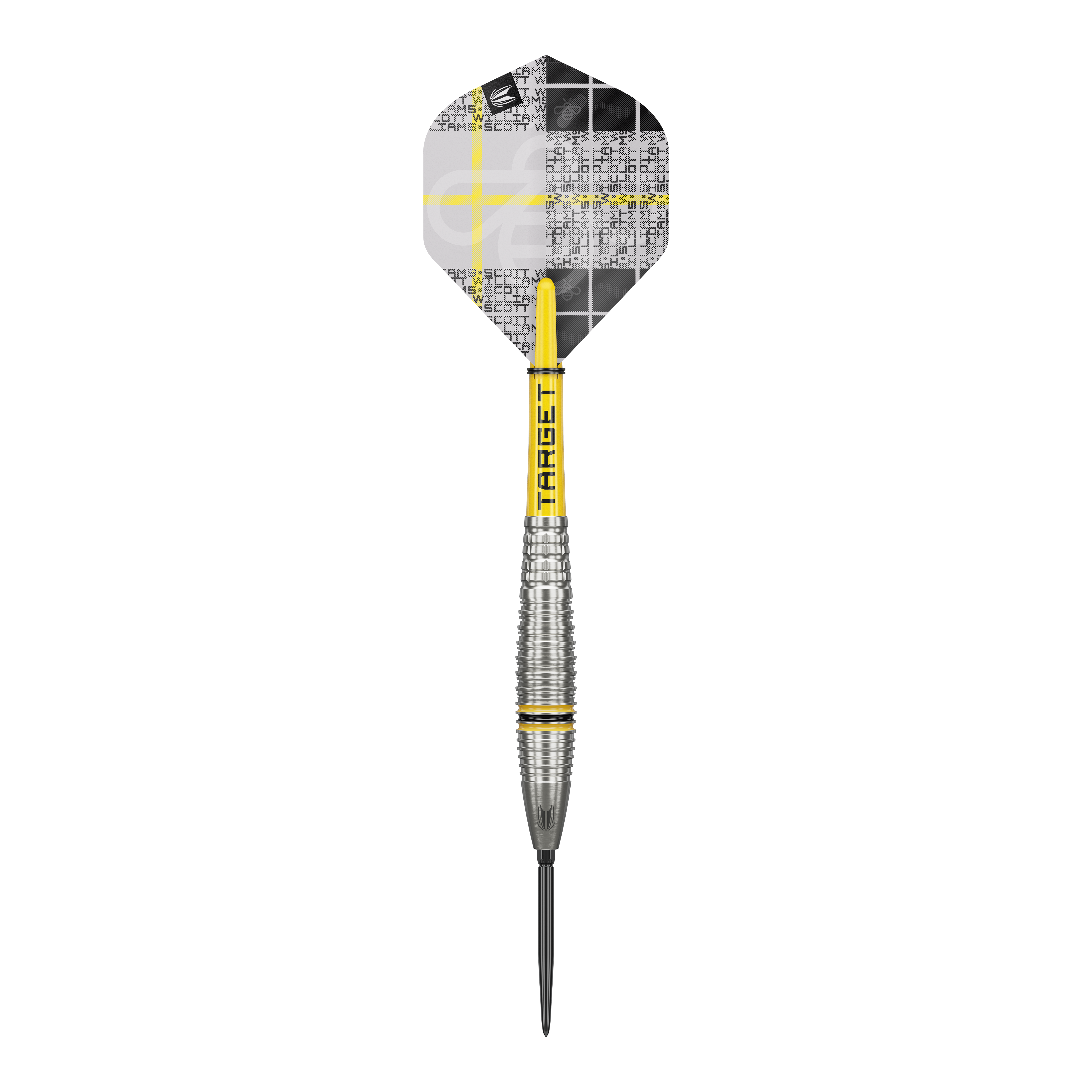 Target Scott Williams GEN2 Swiss Point steel darts Dieses Bild zeigt einen Target Scott Williams GEN2 Swiss Point Steeldart. Der Dartpfeil hat ein silbernes Griffstück mit gelben Akzenten und ein individuell gestaltetes Flight-Design.