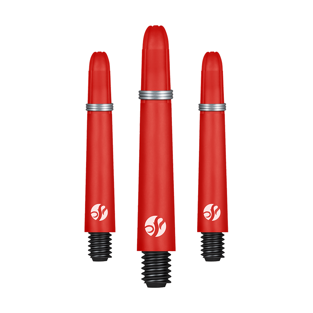 Shot Koi Carbon Shafts - Red Auf dem Bild sind drei rote Dartschäfte in unterschiedlichen Längen zu sehen. Sie haben silberne Ringe und ein weißes Logo am unteren Ende.