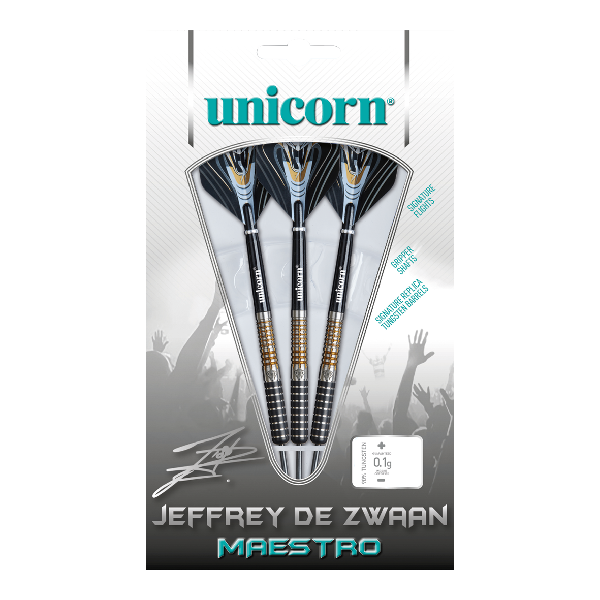 Unicorn Maestro Jeffrey De Zwaan Phase 3 steel darts Das Bild zeigt eine Verpackung mit drei Steeldarts der Marke Unicorn, Modell „Jeffrey De Zwaan Maestro“. Die Darts sind in einer transparenten Blisterverpackung sichtbar und auf der Verpackung steht der Name des Produkts.