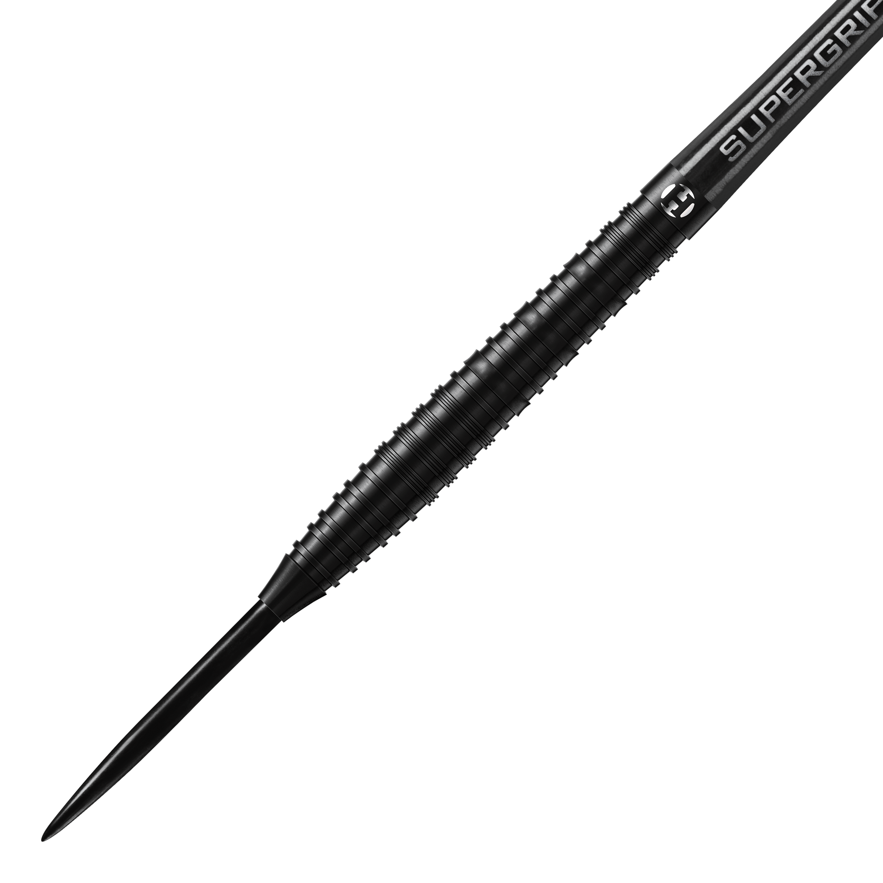 Harrows NX90 Black Edition steel darts Das Bild zeigt einen Harrows NX90 Black-Edition Steeldart. Der Dartpfeil ist komplett schwarz und hat eine geriffelte Griffzone für besseren Halt.