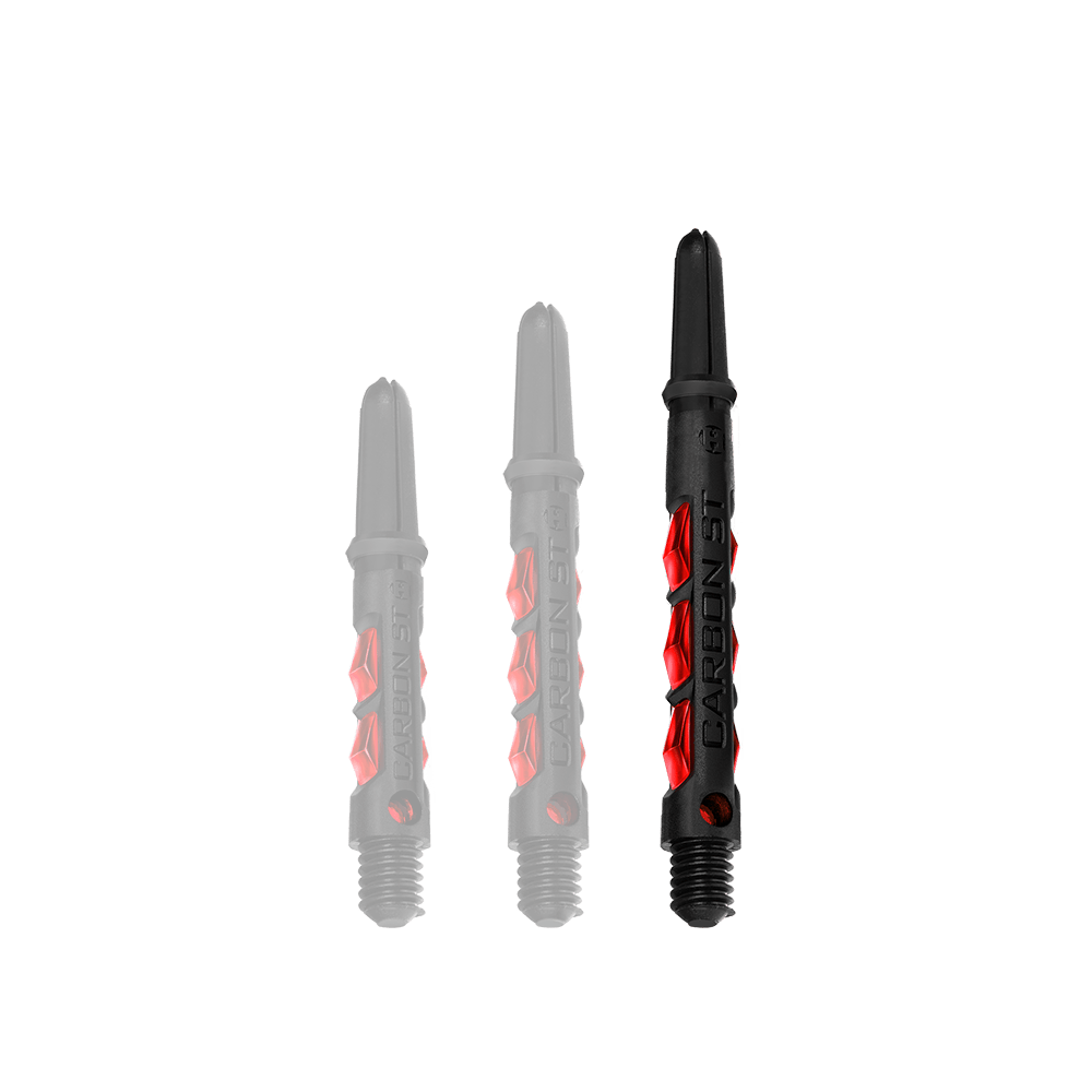 HR433_Harrows_Carbon_ST_Shafts_Rot_47mm_1bFpbe43oQ7s8J Das Bild zeigt drei Harrows Carbon ST Shafts in der Farbe Rot. Die Dartschäfte bestehen aus schwarzem Material mit roten Akzenten und unterscheiden sich in der Länge.