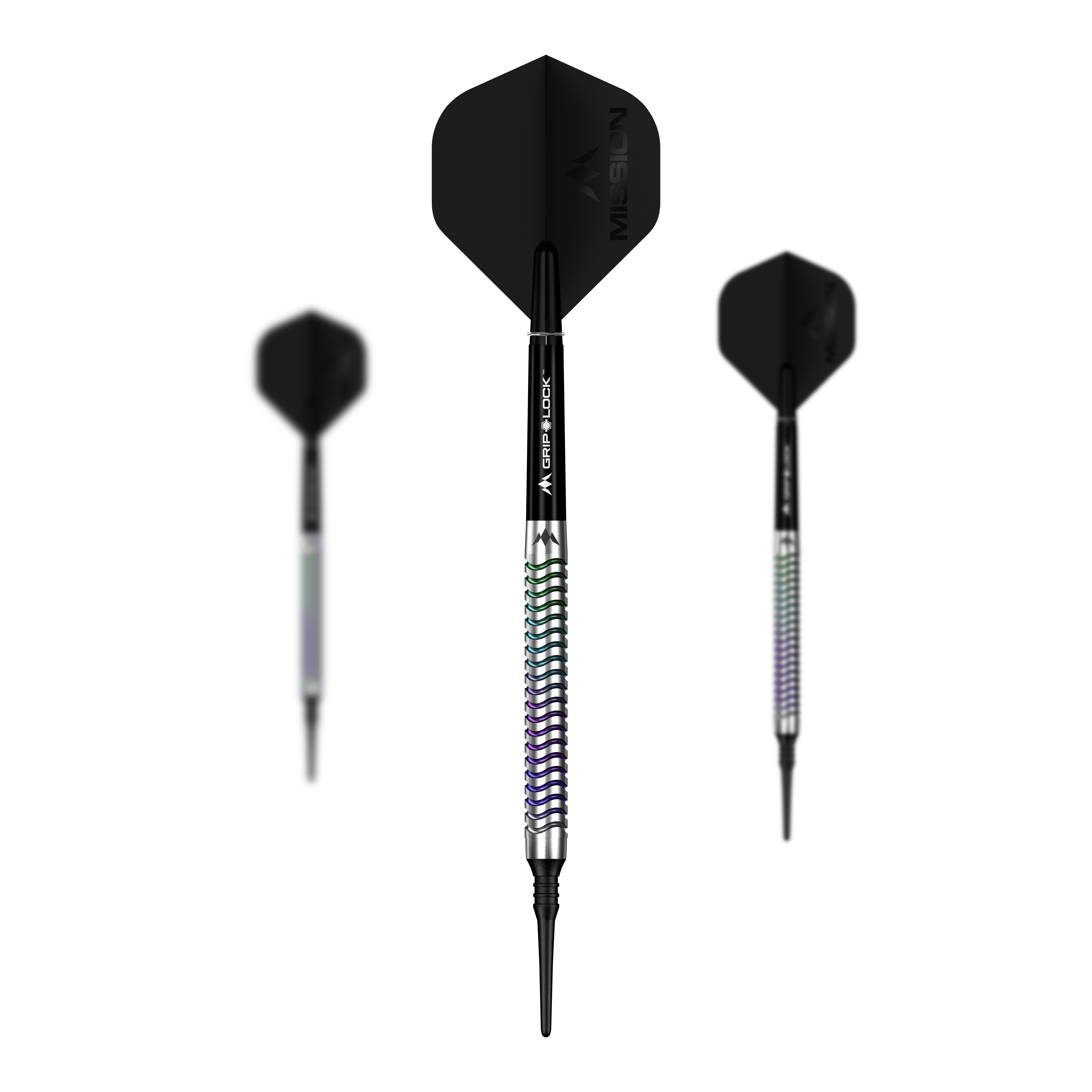 Das Bild zeigt ein Set der Mission Mirage Softdarts - 20g. Alle Teile des Dart-Sets sind zu erkennen.