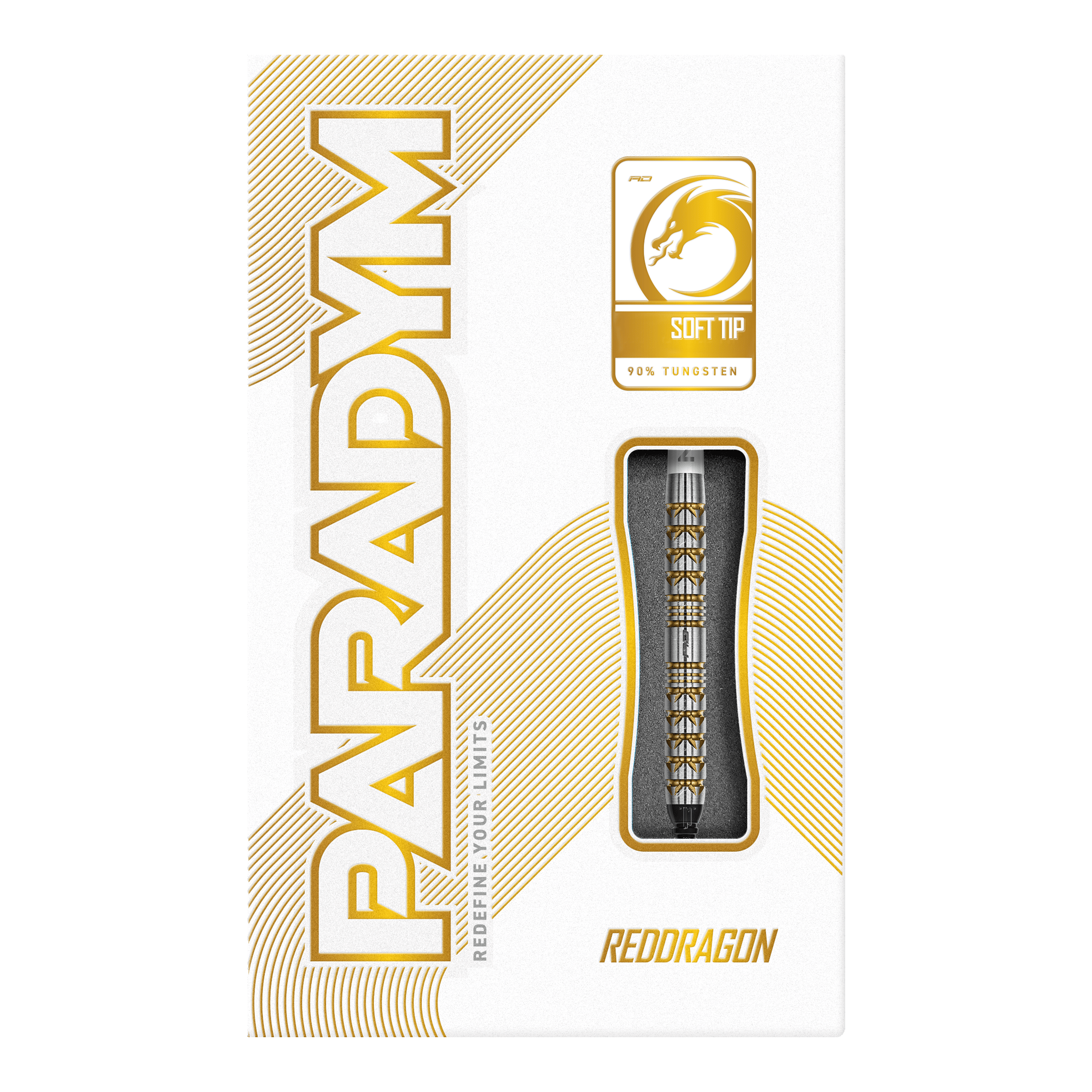 Hier sind die Red Dragon Paradym Gold Parallel Softdarts - 20g abgebildet. Sie zeigen elegante goldene Darts mit parallelem Schaft.