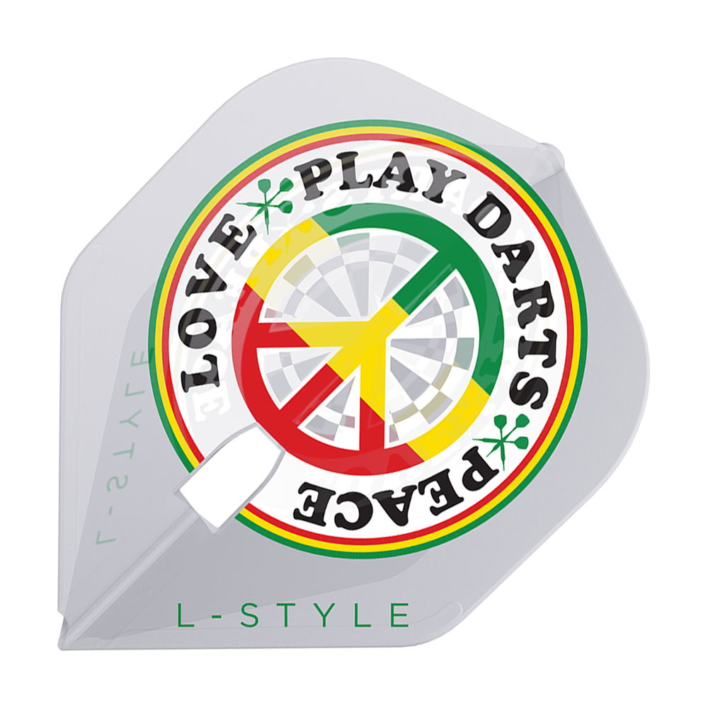 Das Bild zeigt einen weißen Dartflight mit einem farbenfrohen Kreisdesign und der Aufschrift "LOVE PEACE PLAY DARTS". Unten steht in grüner Schrift "L-STYLE".