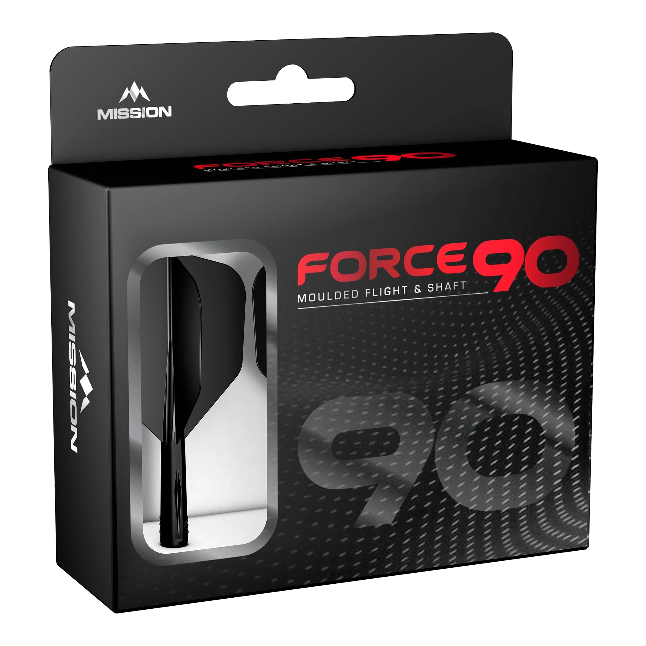 Die Abbildung zeigt die Verpackung des Produkts "Mission Force 90 No6 Flight-Shaft-System - Schwarz". In der Box befindet sich ein schwarzes Flight- und Shaft-System für Darts.
