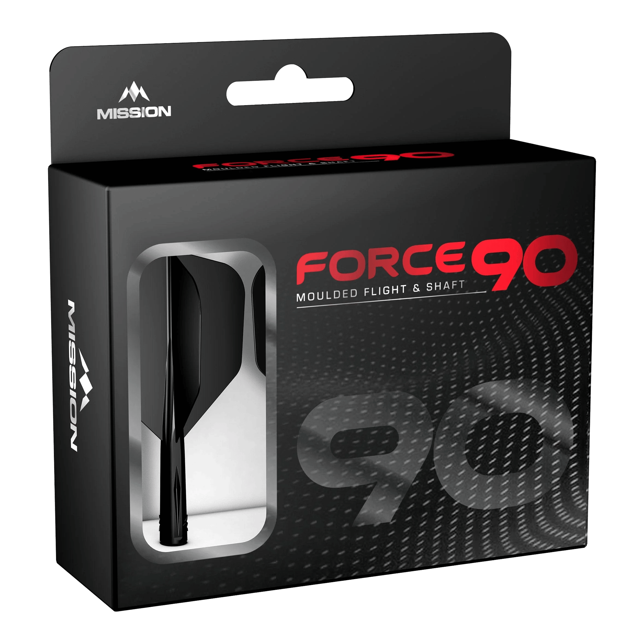 Mission Force 90 No6 Flight Shaft System - Black Die Abbildung zeigt die Verpackung des Produkts "Mission Force 90 No6 Flight-Shaft-System - Schwarz". In der Box befindet sich ein schwarzes Flight- und Shaft-System für Darts.
