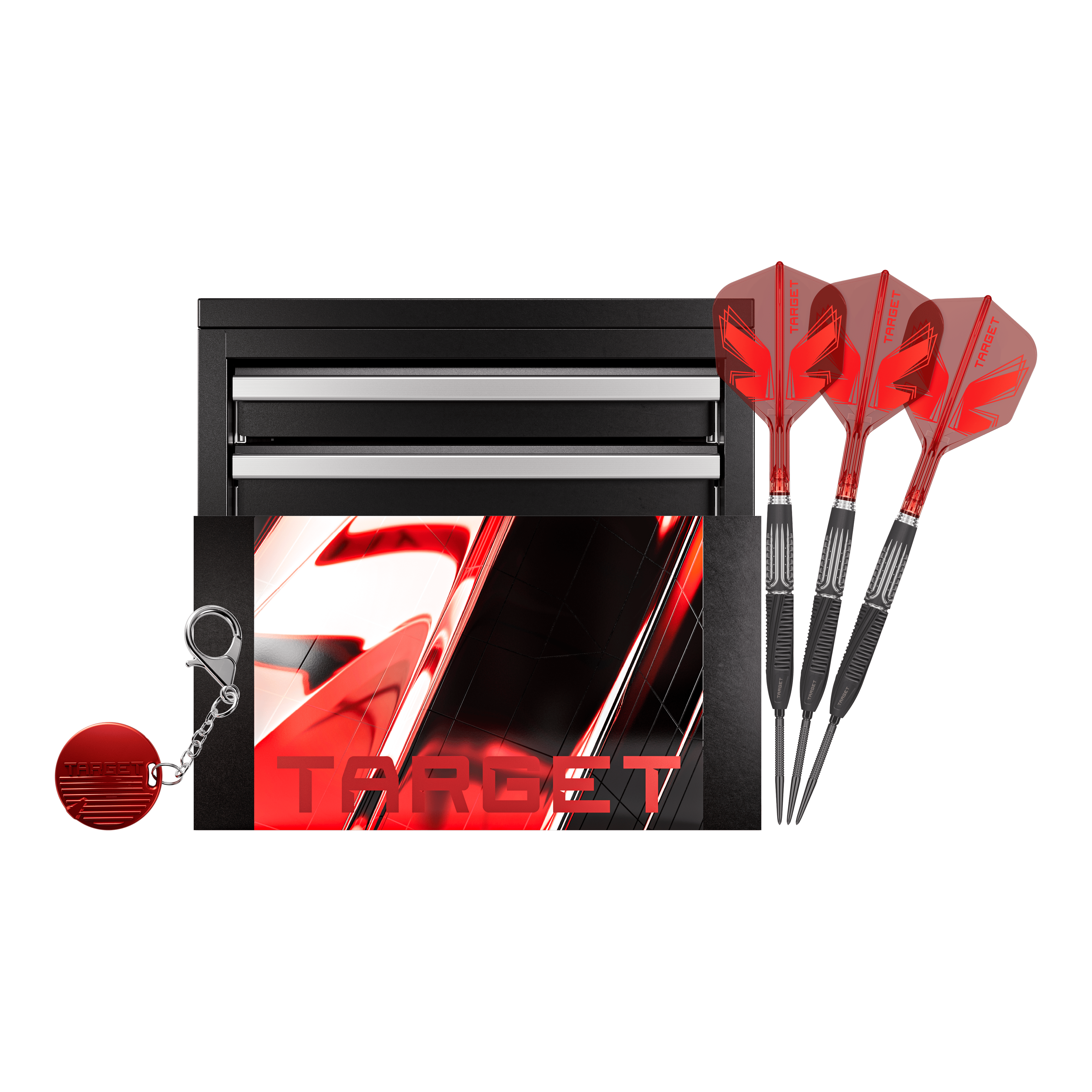 Abgebildet ist das Target Shift Swiss Point Steeldarts Set. Das Set ist komplett und ordentlich angeordnet.