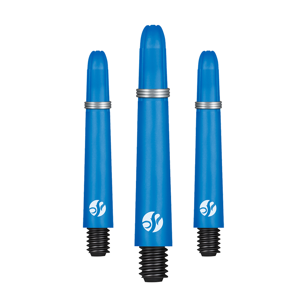 Auf dem Bild sind drei blaue Dartschäfte in unterschiedlicher Länge zu sehen. Sie bestehen aus Carbon und haben schwarze Gewinde sowie silberne Ringe.