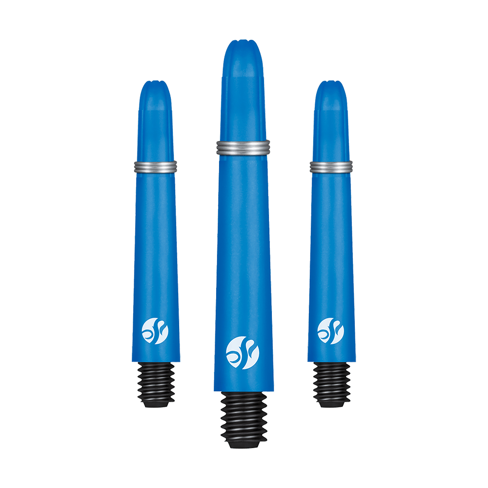 Shot Koi Carbon Shafts - Blue Auf dem Bild sind drei blaue Dartschäfte in unterschiedlicher Länge zu sehen. Sie bestehen aus Carbon und haben schwarze Gewinde sowie silberne Ringe.