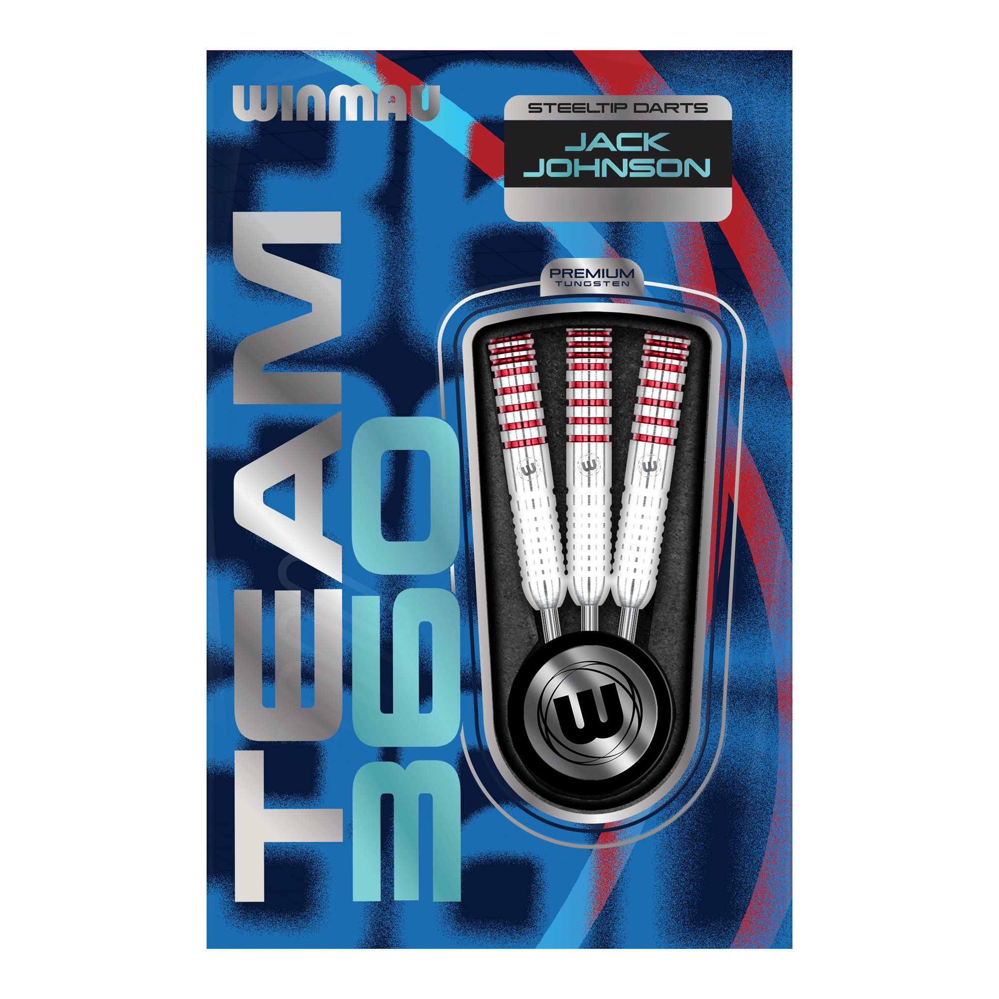 Winmau Team 360 Jack Johnson steel darts - 24g Abgebildet sind die Winmau Team 360 Jack Johnson Steeldarts mit 24 Gramm Gewicht. Die Darts zeichnen sich durch ihr markantes Design aus.