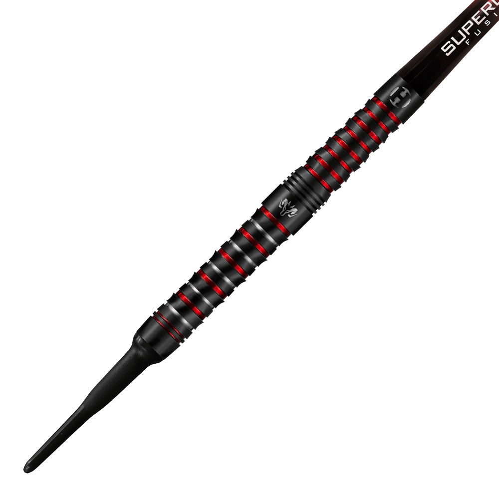 HA17041-Harrows-Wolfram-Infinity-97-Tungsten-Softdarts-2 Das Bild zeigt einen Harrows Wolfram Infinity 97% Tungsten Softdart. Der Dart ist schwarz mit roten Akzenten und hat eine strukturierte Griffzone.