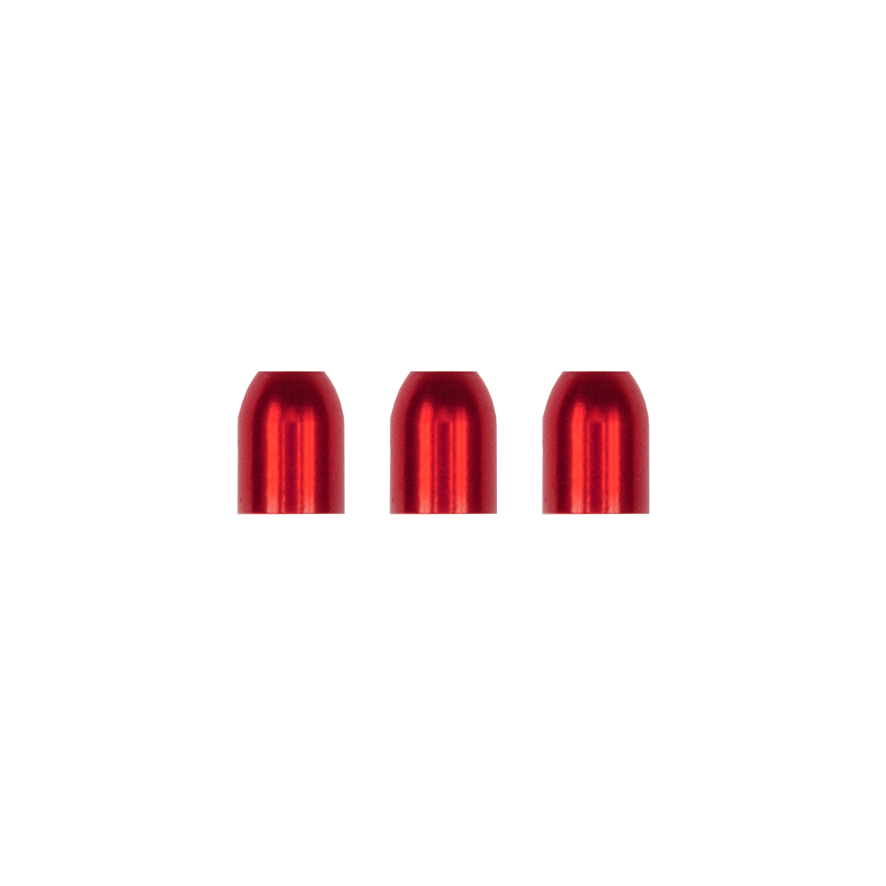 Das Bild zeigt drei rote, metallische Champagner-Ringe nebeneinander. Sie sind glänzend und haben eine abgerundete Form.