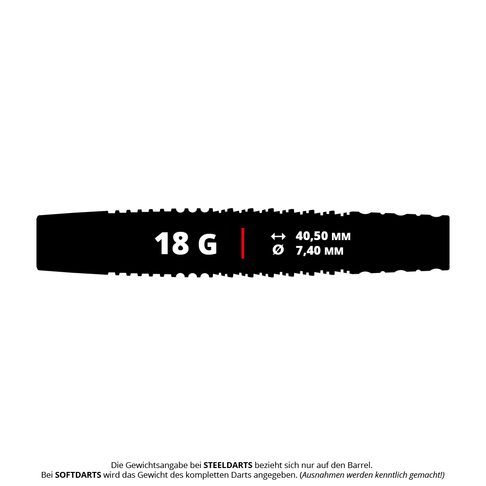 Target Scott Williams GEN2 soft darts - 18g Das Bild zeigt das Produkt "Target Scott Williams GEN2 Softdarts - 18g". Die Maße des Darts sind 40,50 mm Länge und 7,40 mm Durchmesser.