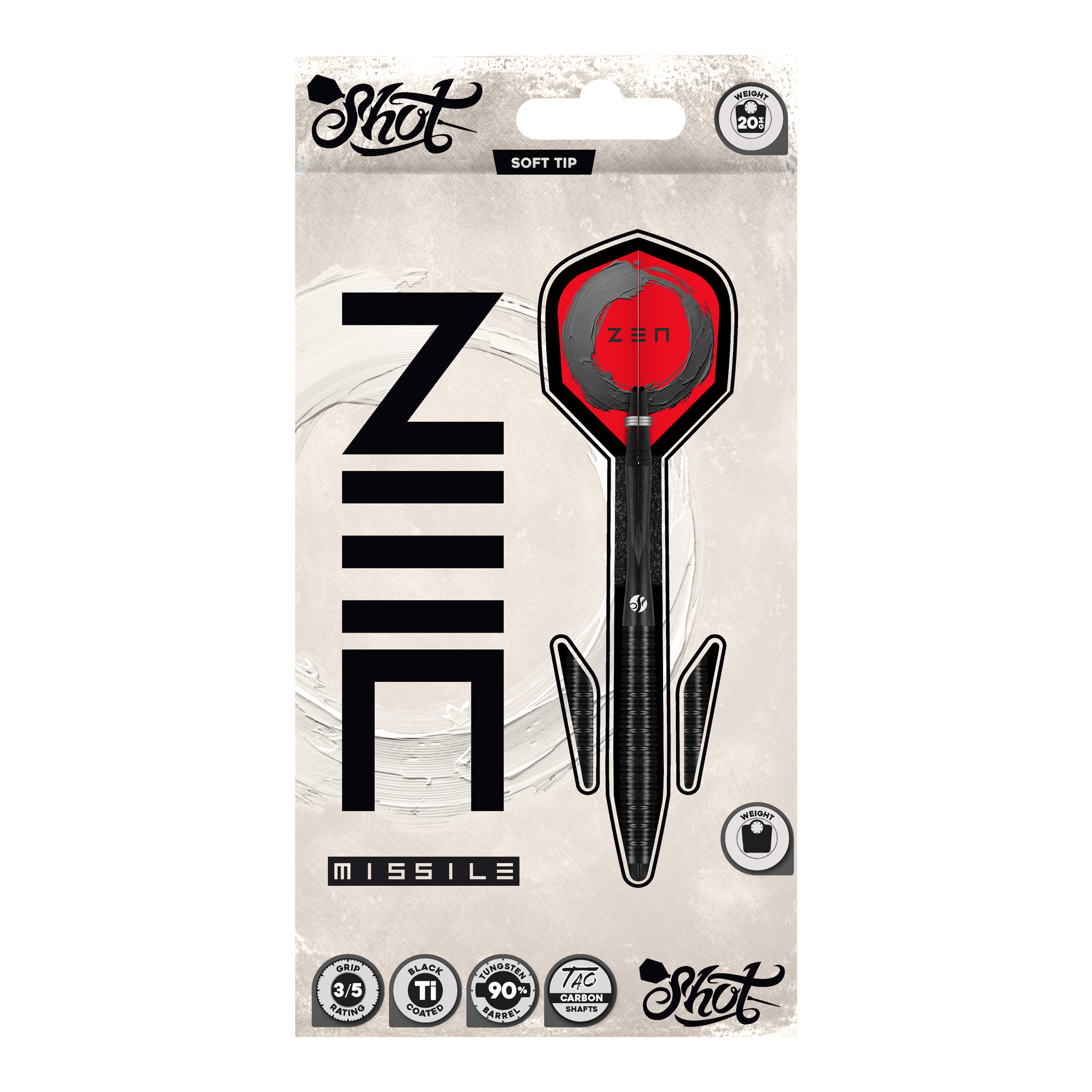 Shot ZEN Missile Soft Darts - 20g Dies ist ein Bild von den Shot ZEN Missile Softdarts - 20g. Die Softdarts sind für das Dartspiel geeignet und zeigen ein modernes Design.