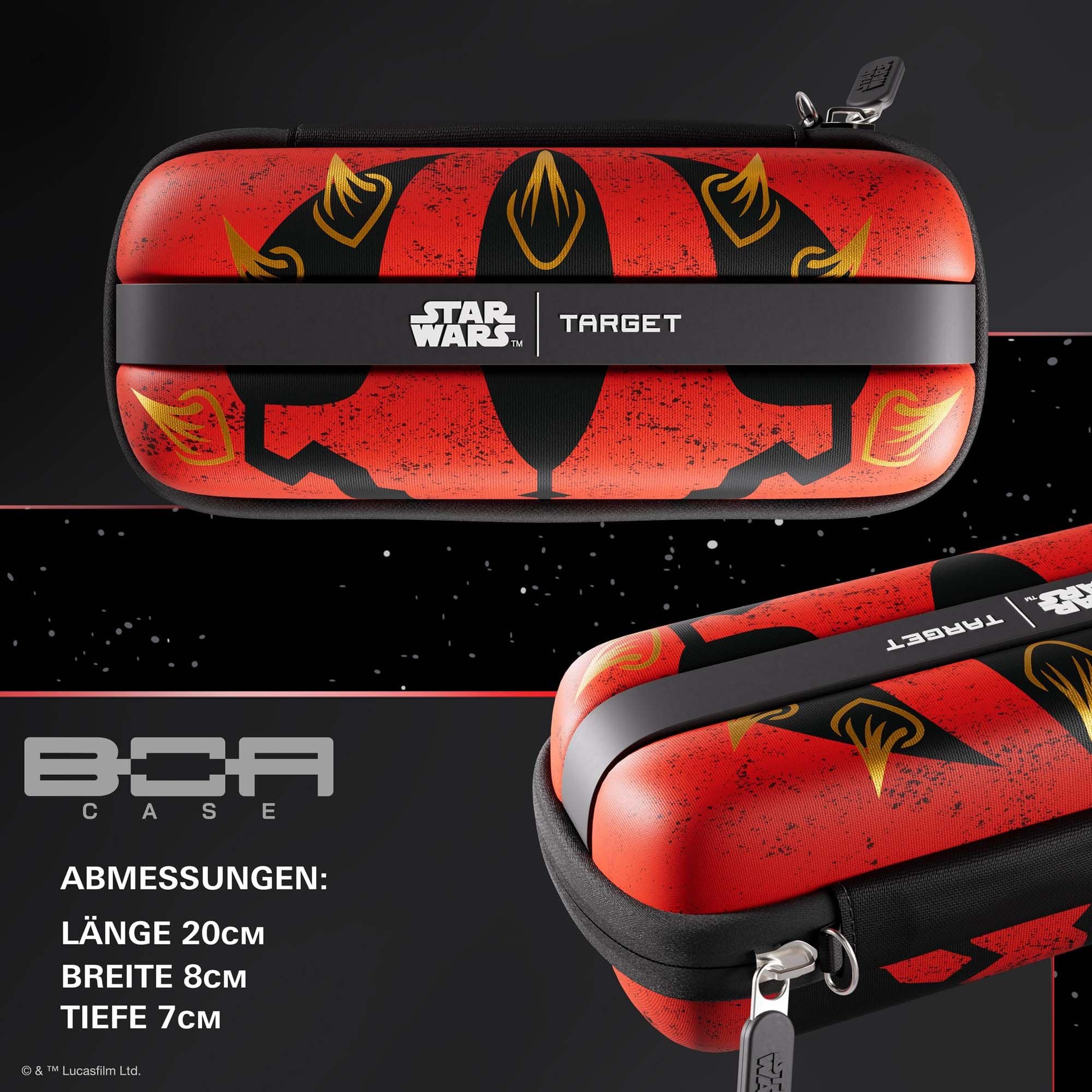 Das Bild zeigt das Target Star Wars Boa Dartcase mit Darth Maul Motiv. Es handelt sich um eine Darttasche im Star Wars Design.