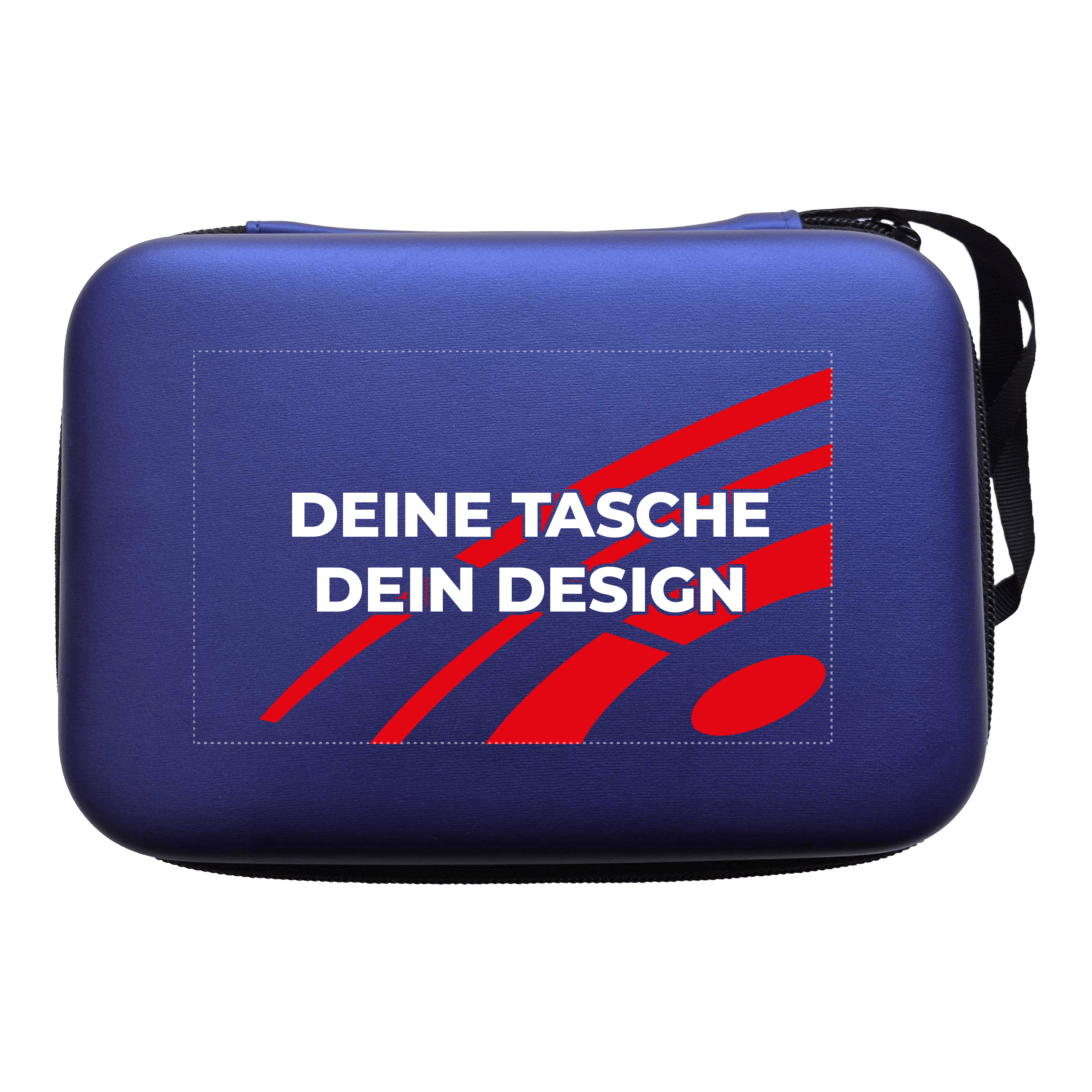 System-4 dart case with your design Hier ist ein McDart System4 Dartcase in Blau Metallic zu sehen. Das Etui liegt geöffnet auf einer glänzenden Oberfläche.