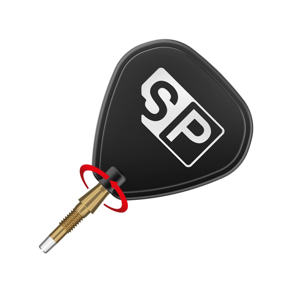 340057_Target_Swiss_Storm_Point_Dartspitzen_Gold_3_SP Das Bild zeigt eine Dartspitze mit goldener Farbe und einem schwarzen Flight, auf dem "SP" steht. Der Hintergrund ist weiß mit einem roten Streifen.