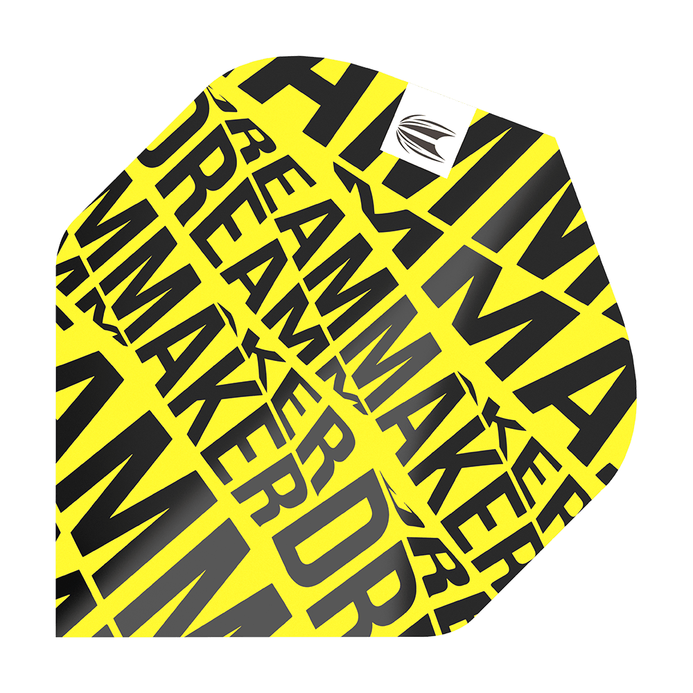 TG81_336570_Target_Pro_Ultra_Dimitri_Van_Den_Bergh_Yellow_No2_Standard_Flights_1 Das Bild zeigt ein gelbes Dartflight mit dem Aufdruck „DREAMMAKER“ in schwarzen Buchstaben. Es handelt sich um das Target Pro Ultra Dimitri Van Den Bergh Yellow No2 Standard Flight.