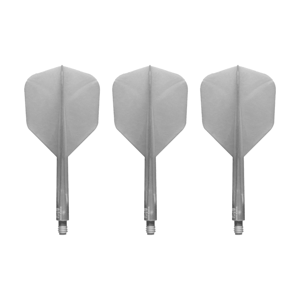 Das Bild zeigt drei silberne Dartflights mit Schäften der Marke Condor AXE Metallic Flight-System Pearl Silver in der Größe Small. Die Flights sind nebeneinander auf weißem Hintergrund angeordnet.