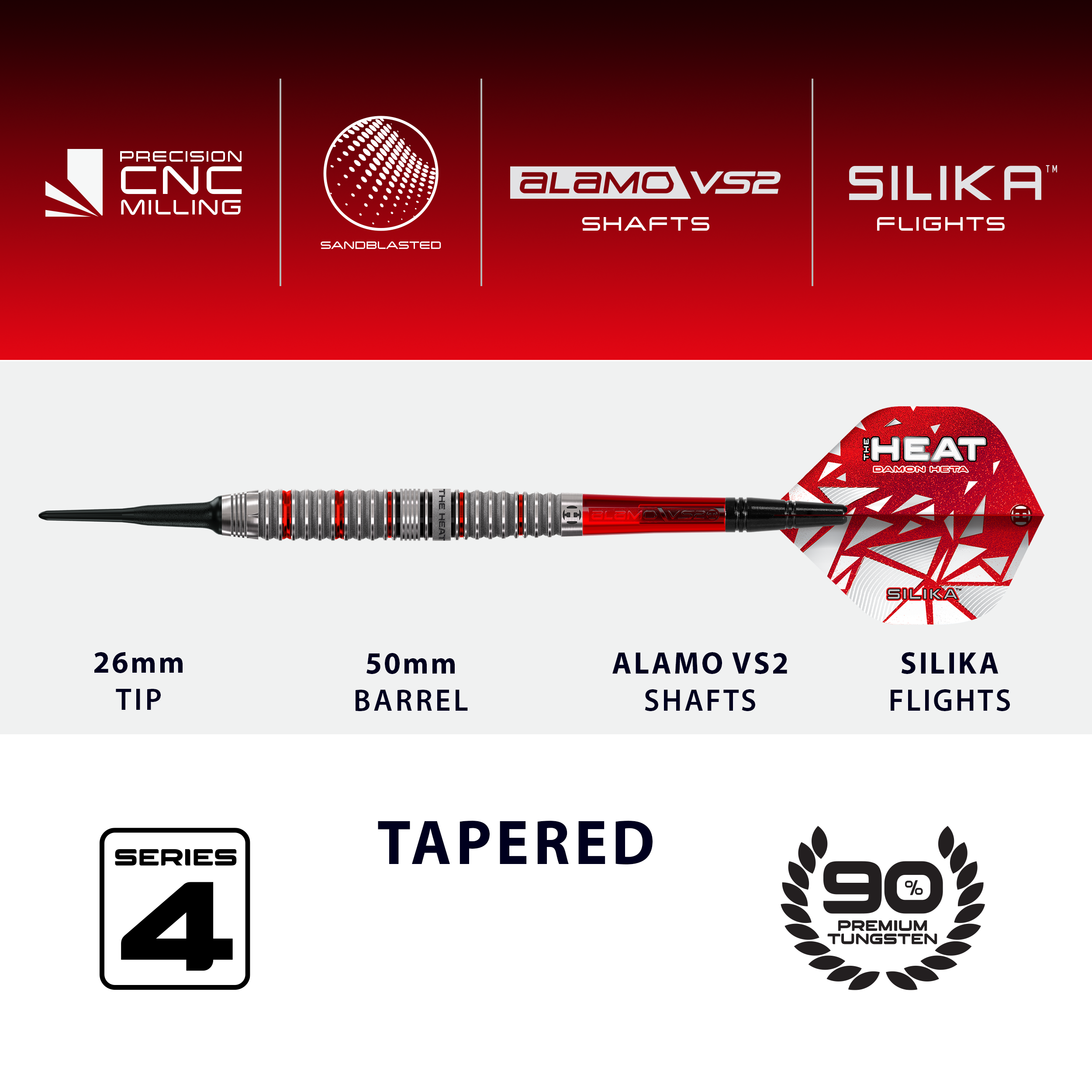 Das Bild zeigt die Harrows Damon Heta Series 4 Softdarts. Diese Softdarts sind für Fans und Spieler von hoher Qualität.