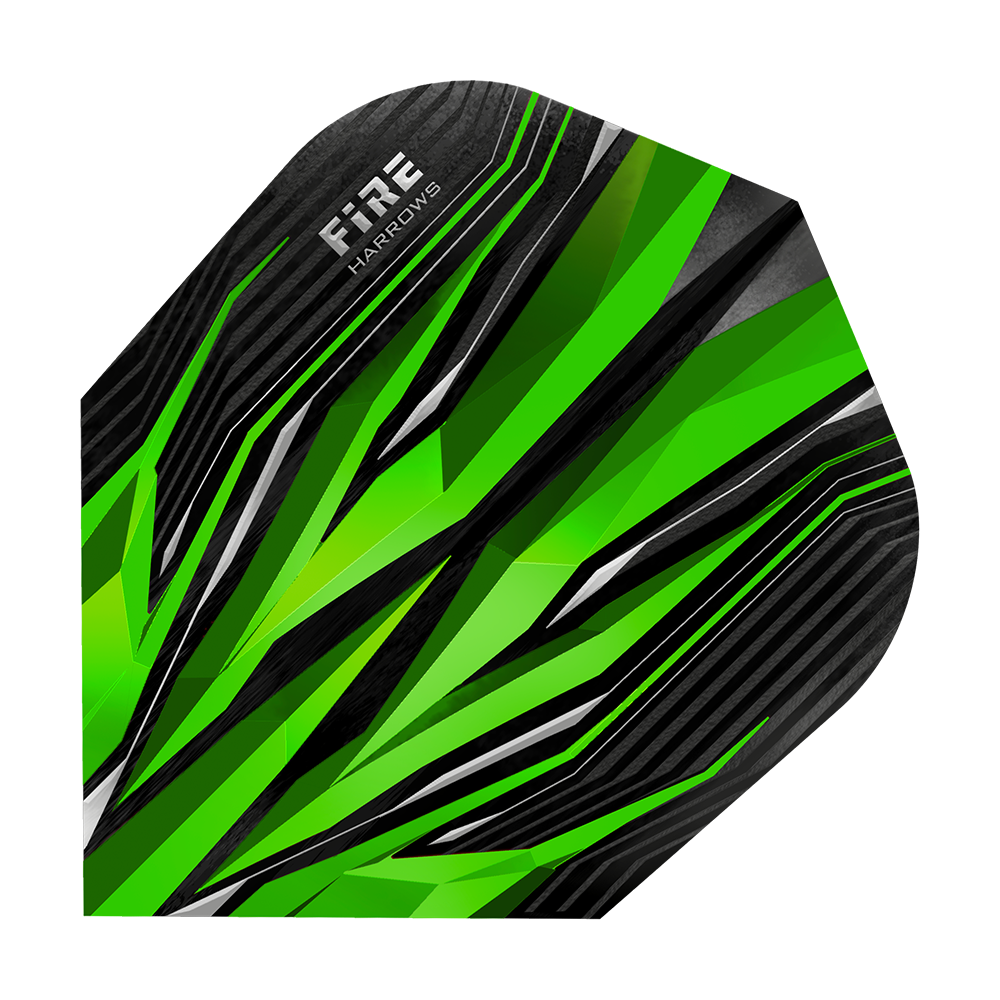 HR2_Harrows_Fire_Green_Standard_Flights_1sXfBKv5nNpZ5t Harrows Fire Green Standard Flights mit effektvollem Muster. Die Flights sind sortiert angeordnet.