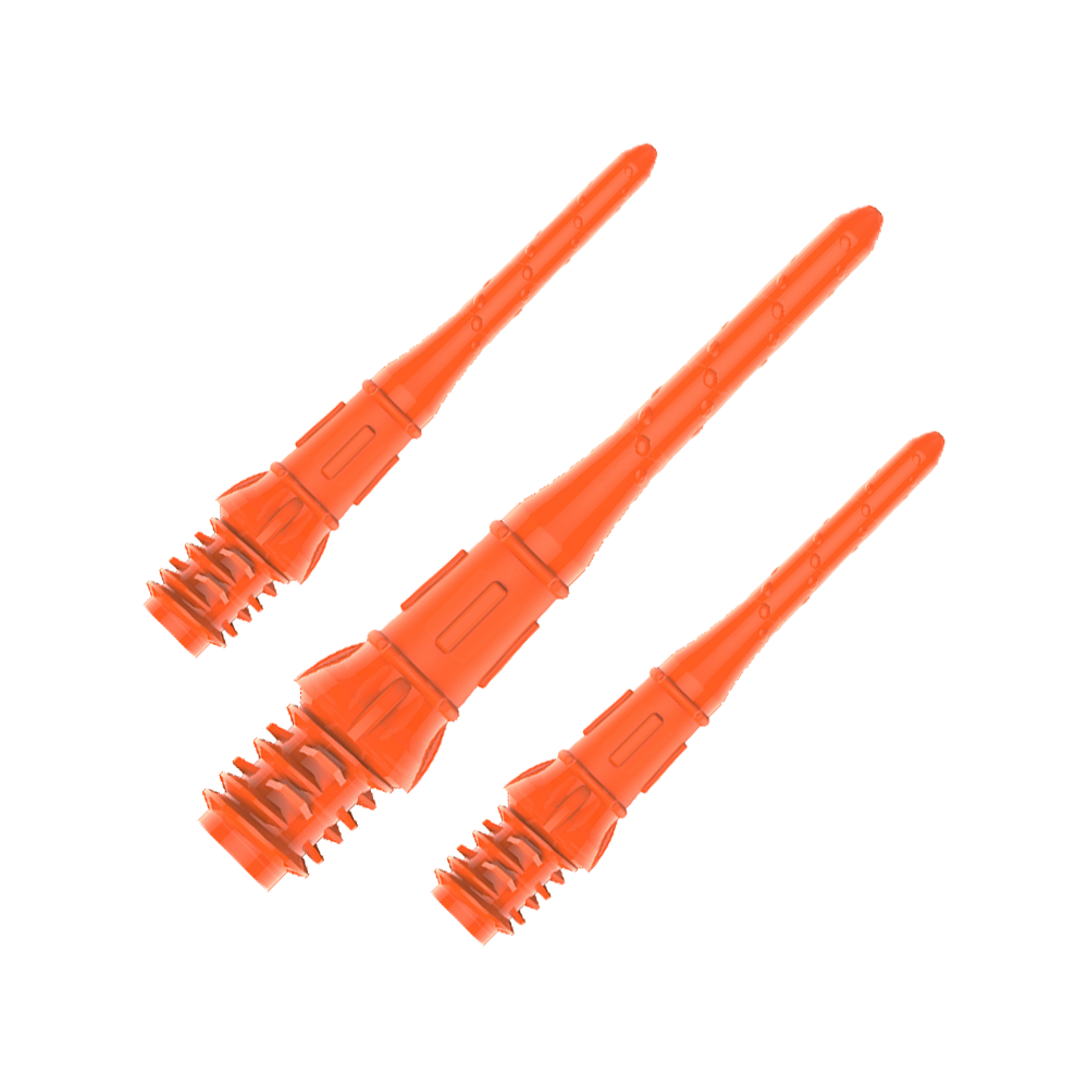 Premium Lippoints (30er Pack) - Spitzen Das Bild zeigt drei orangefarbene Dartspitzen mit Gewinde. Sie sind in einer Reihe auf einem transparenten Hintergrund angeordnet.