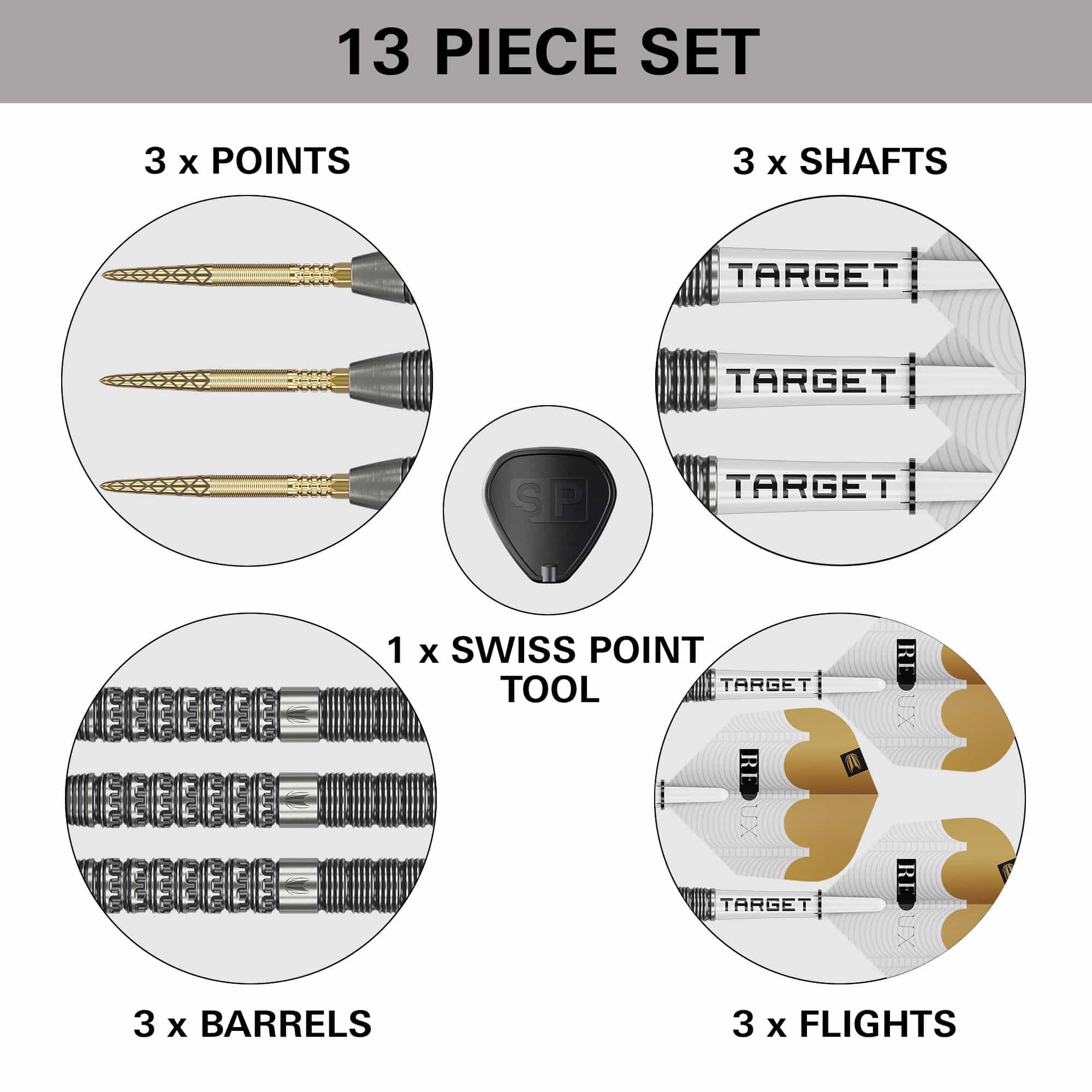 Target Redux 01 Swiss Point steel darts Das Bild stellt die Target Redux 01 Swiss Point Steeldarts dar. Diese Steeldarts besitzen eine spezielle Swiss Point Spitze.