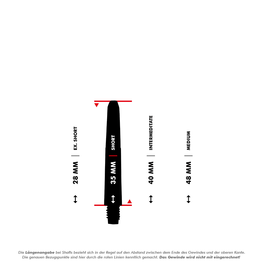 Das Bild zeigt verschiedene Längenoptionen für Nylon Shafts in der Farbe Naturweiß. Die Längenangaben sind 28 mm (Ex. Short), 35 mm (Short), 40 mm (Intermediate) und 48 mm (Medium), gemessen ohne das Gewinde.