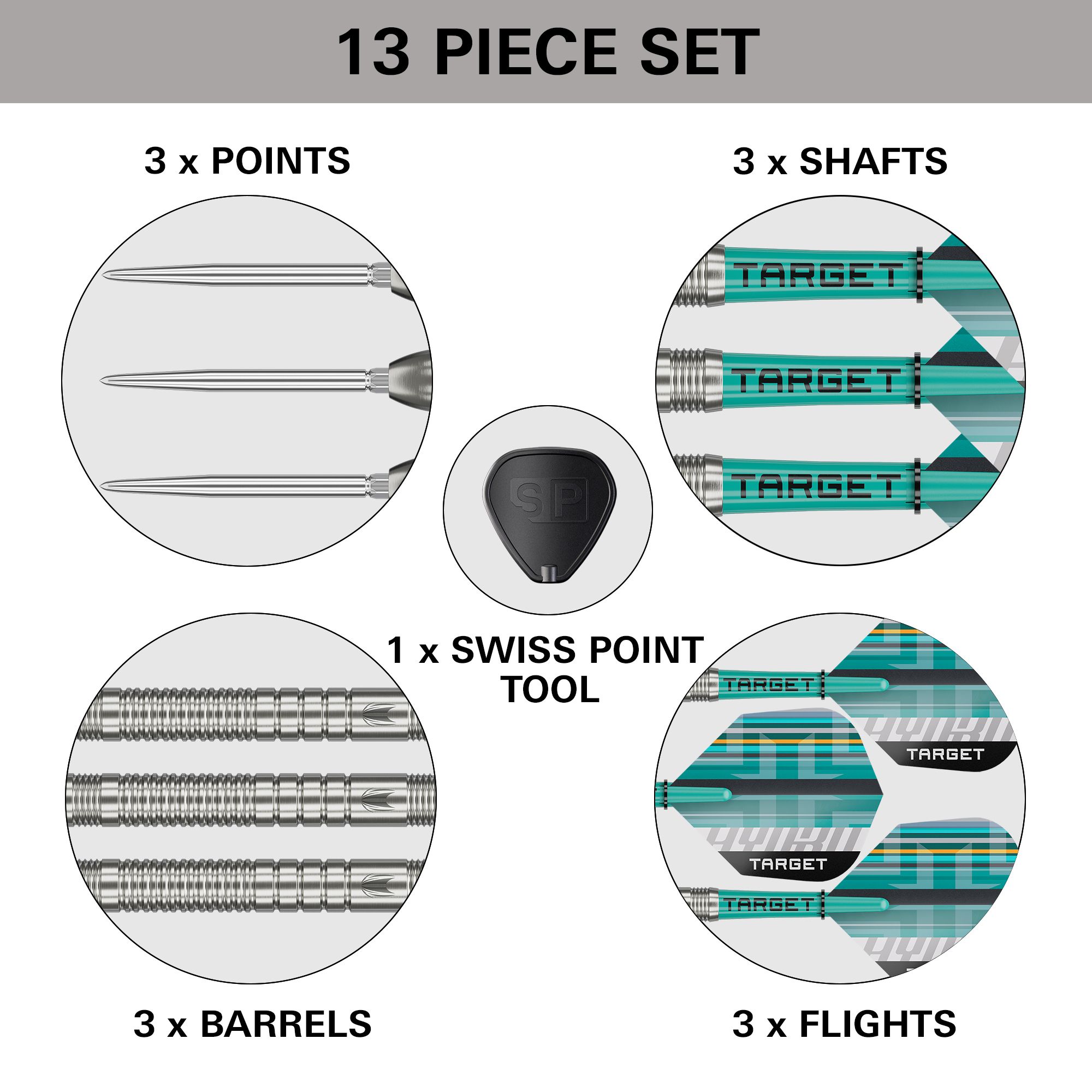 Zu sehen sind die Target Hydro 03 Swiss Point Steeldarts. Die Steeldarts werden detailliert ausgeleuchtet.