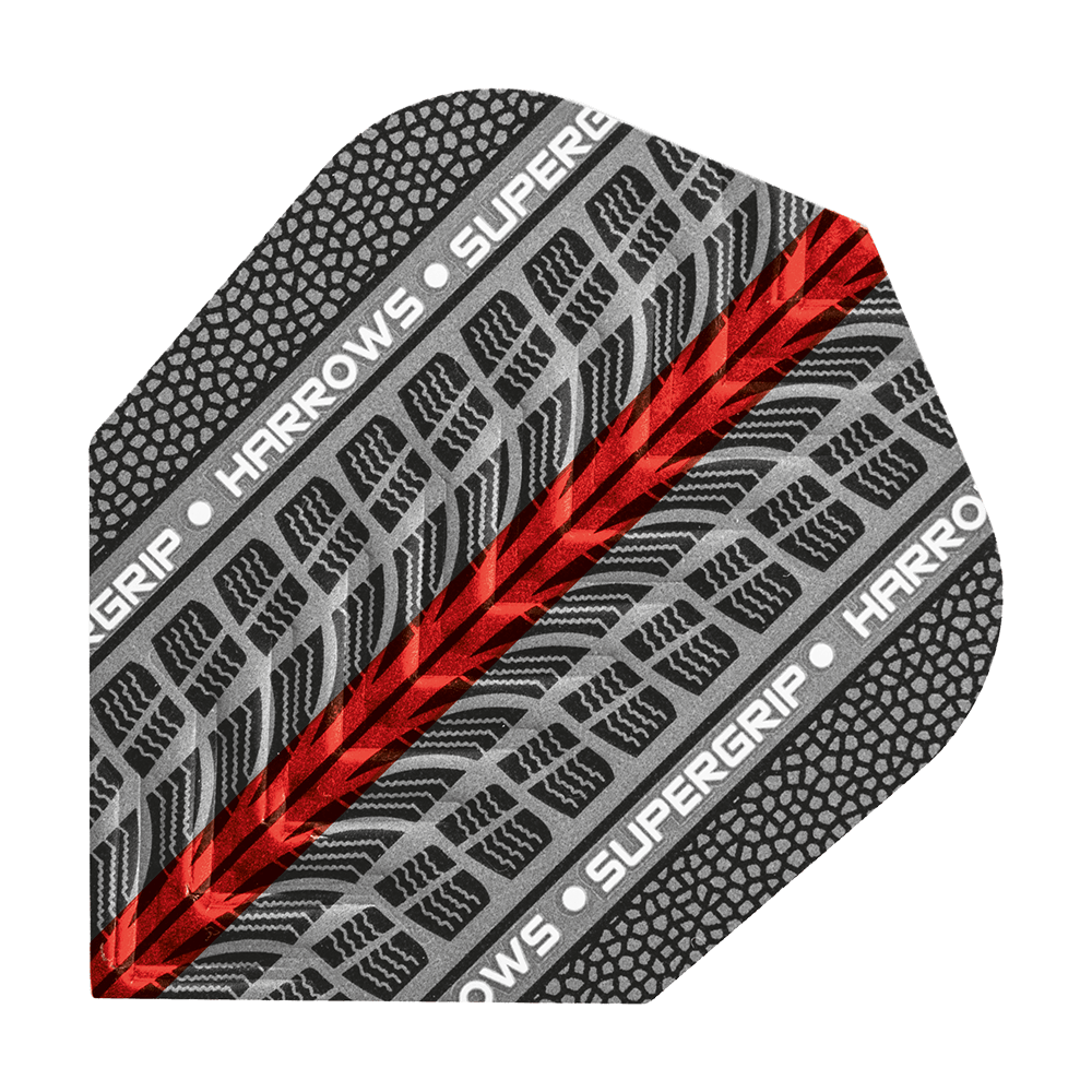 HR77_Harrows_Supergrip_Rot_No6_Flights_1 Das Bild zeigt einen Harrows Supergrip Rot No6 Flight. Das Design besteht aus schwarzen und grauen Reifenspuren mit einem roten Streifen in der Mitte.