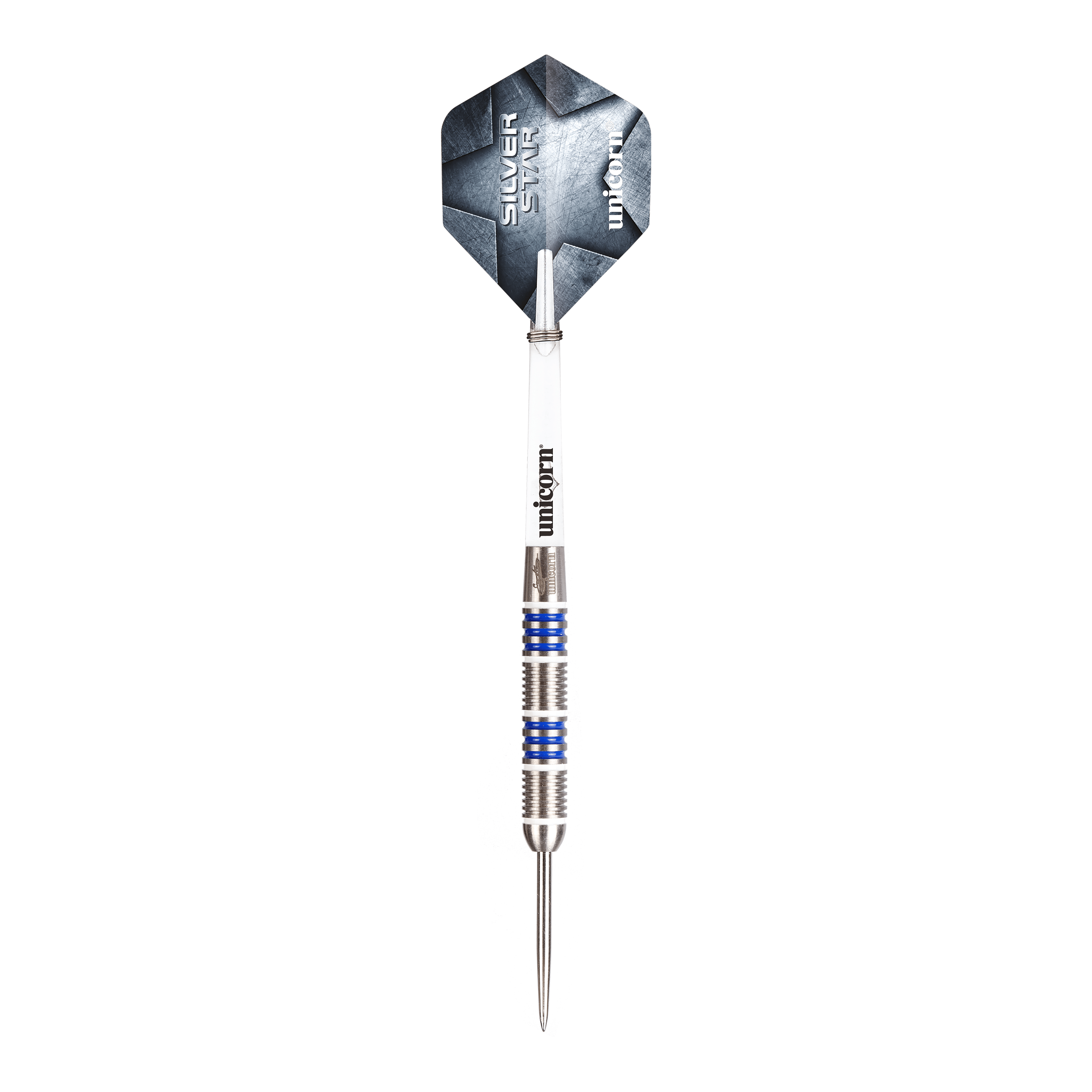 Unicorn Silver Star Var.4 Gary Anderson steel darts Dieses Bild zeigt Unicorn Silver Star Var.4 Gary Anderson Steeldarts. Die Darts liegen nebeneinander auf einer weißen Fläche.
