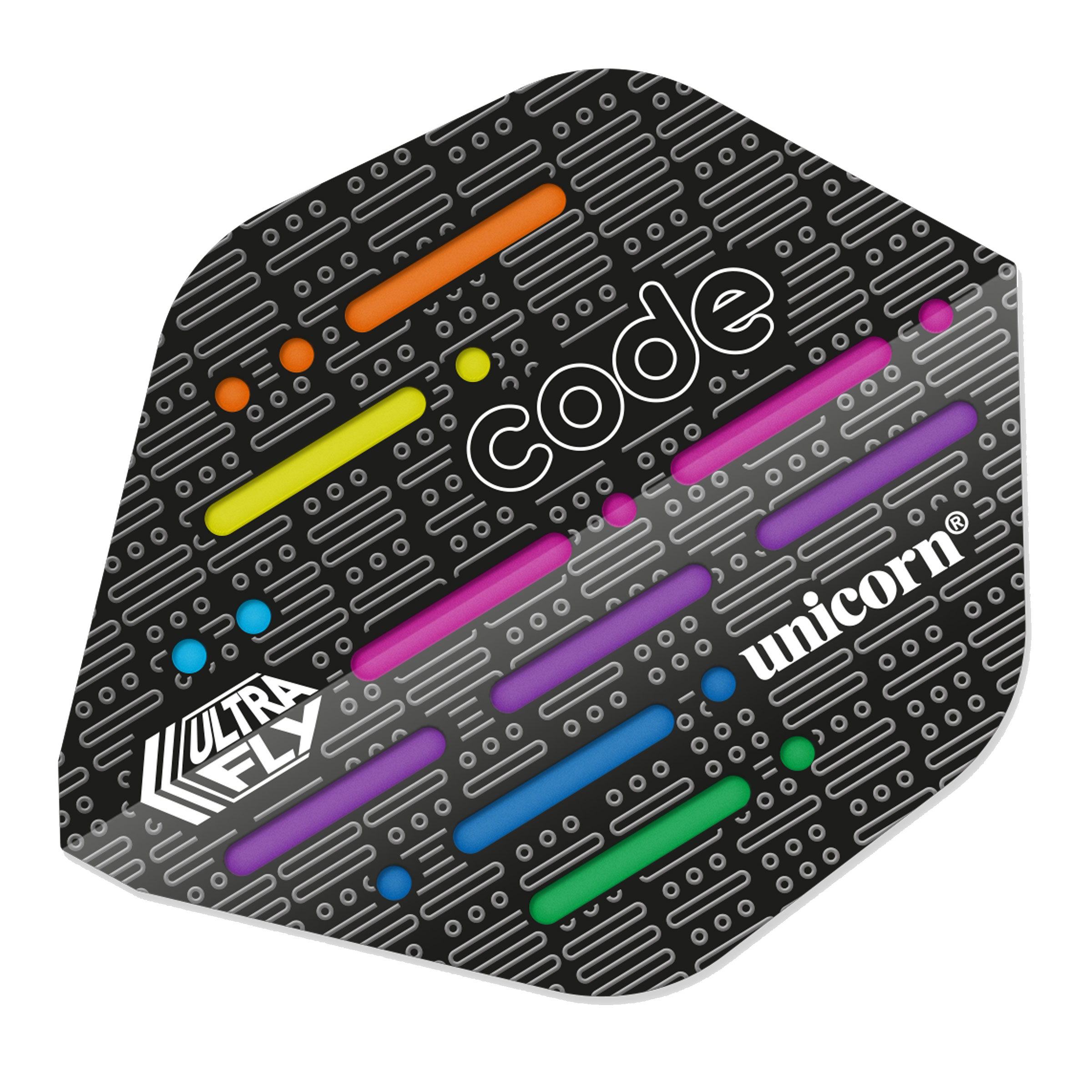 68959_p1 Das Bild zeigt ein Dart-Flight mit dem Namen „Unicorn Ultrafly 75 AR Type 1 Code DNA“. Das Design ist schwarz mit bunten Linien und den weißen Aufschriften „code“, „unicorn“ und „Ultra FLY“.