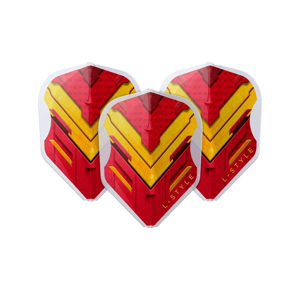 L-Style V-Series V1 Type A Spain Clear White L3EZ Flights Das Bild zeigt drei Dart-Flights mit einem auffälligen roten und gelben Muster. Auf den Flights steht in gelber Schrift "L-STYLE".