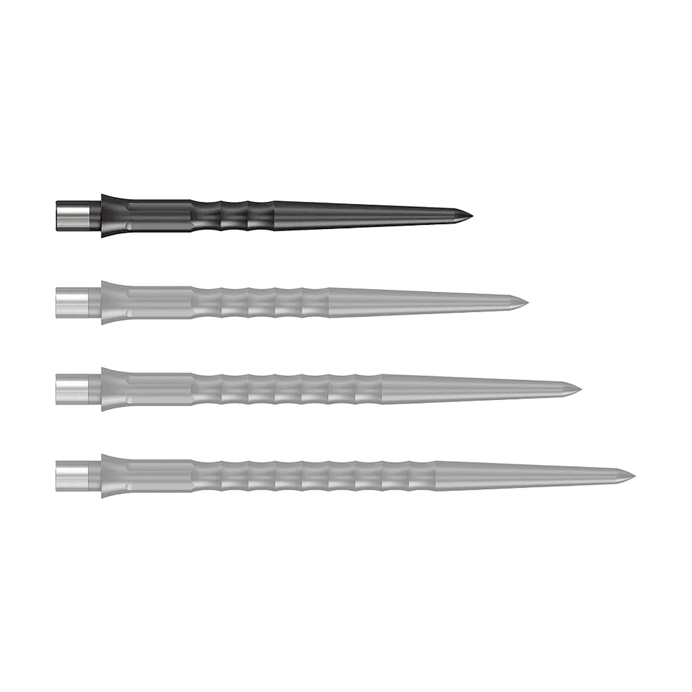 Caliburn System Steeldart Tips - Ripple - NoLip - Black Abgebildet ist eine schwarze Steeldartspitze mit Ripple NoLip Design, 28 mm lang. Das Produkt gehört zum Caliburn Evo System.