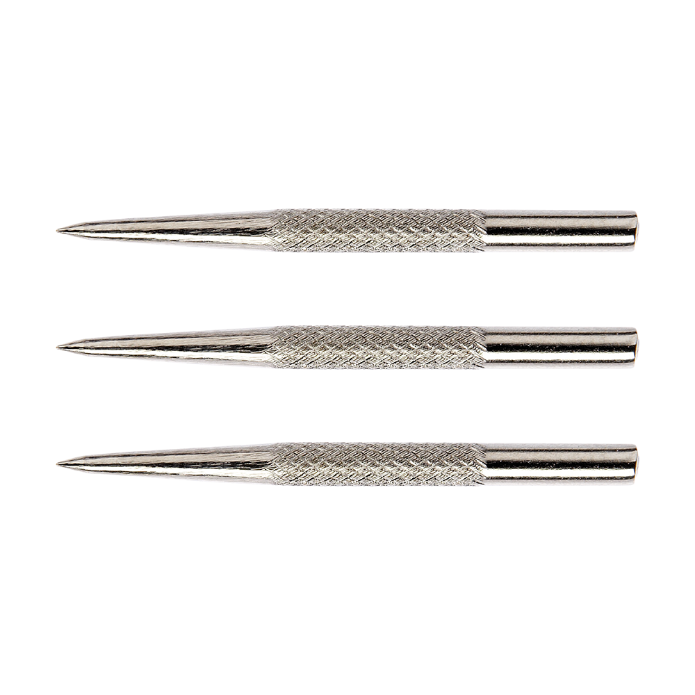 8366Silver_Winmau_Knurled_Silver_Effect_Steeldart_Spitzen_32mm_1 Das Bild zeigt drei silberfarbene, gerändelte Stahlspitzen für Darts. Es handelt sich um das Produkt "Winmau Knurled Silver Effect Steeldart Spitzen - 32mm".