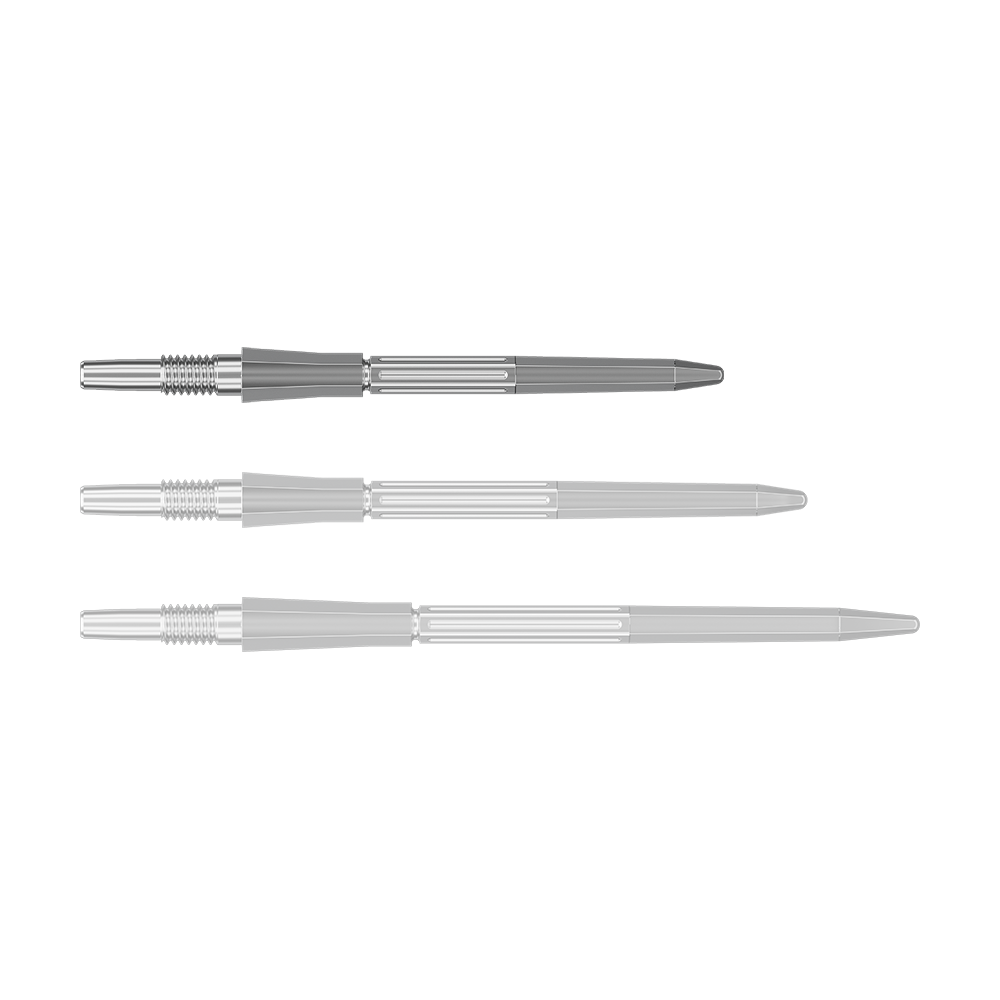 Abgebildet ist eine silberne SwissPoint Dartspitze, 30 mm lang. Die Spitze stammt vermutlich von Target Elysian Archetype 43.