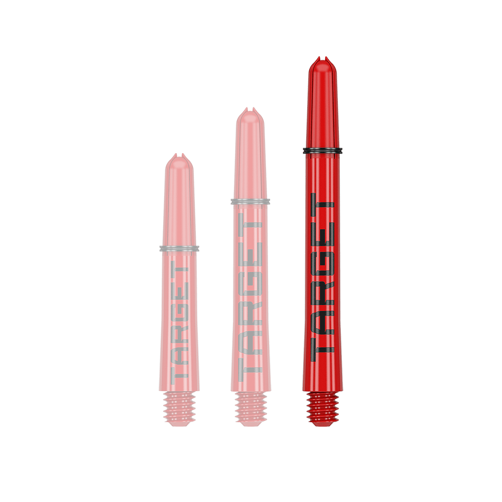 Auf dem Bild sind drei rote Dart-Schäfte in unterschiedlichen Längen zu sehen. Auf jedem Schaft steht das Wort "TARGET" in schwarzen Buchstaben.