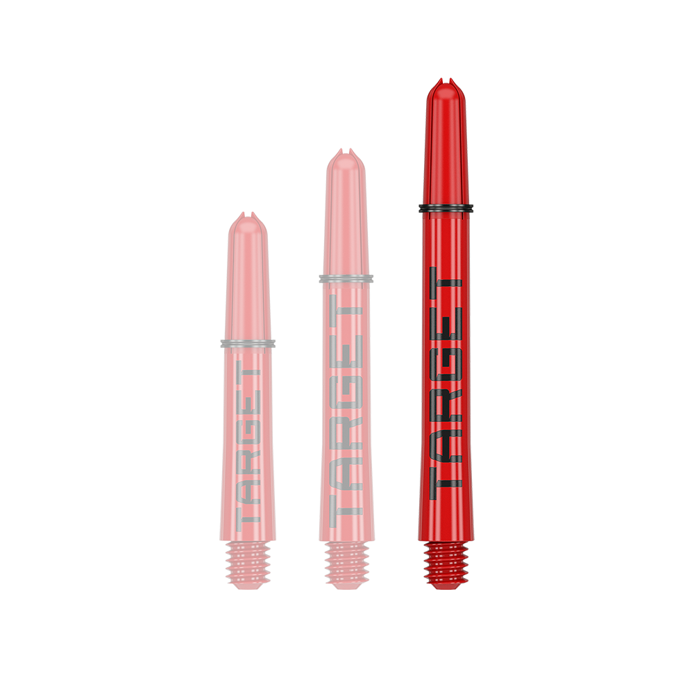 Target Pro Grip TAG Shafts - 3 Sets - Red Auf dem Bild sind drei rote Dart-Schäfte in unterschiedlichen Längen zu sehen. Auf jedem Schaft steht das Wort "TARGET" in schwarzen Buchstaben.