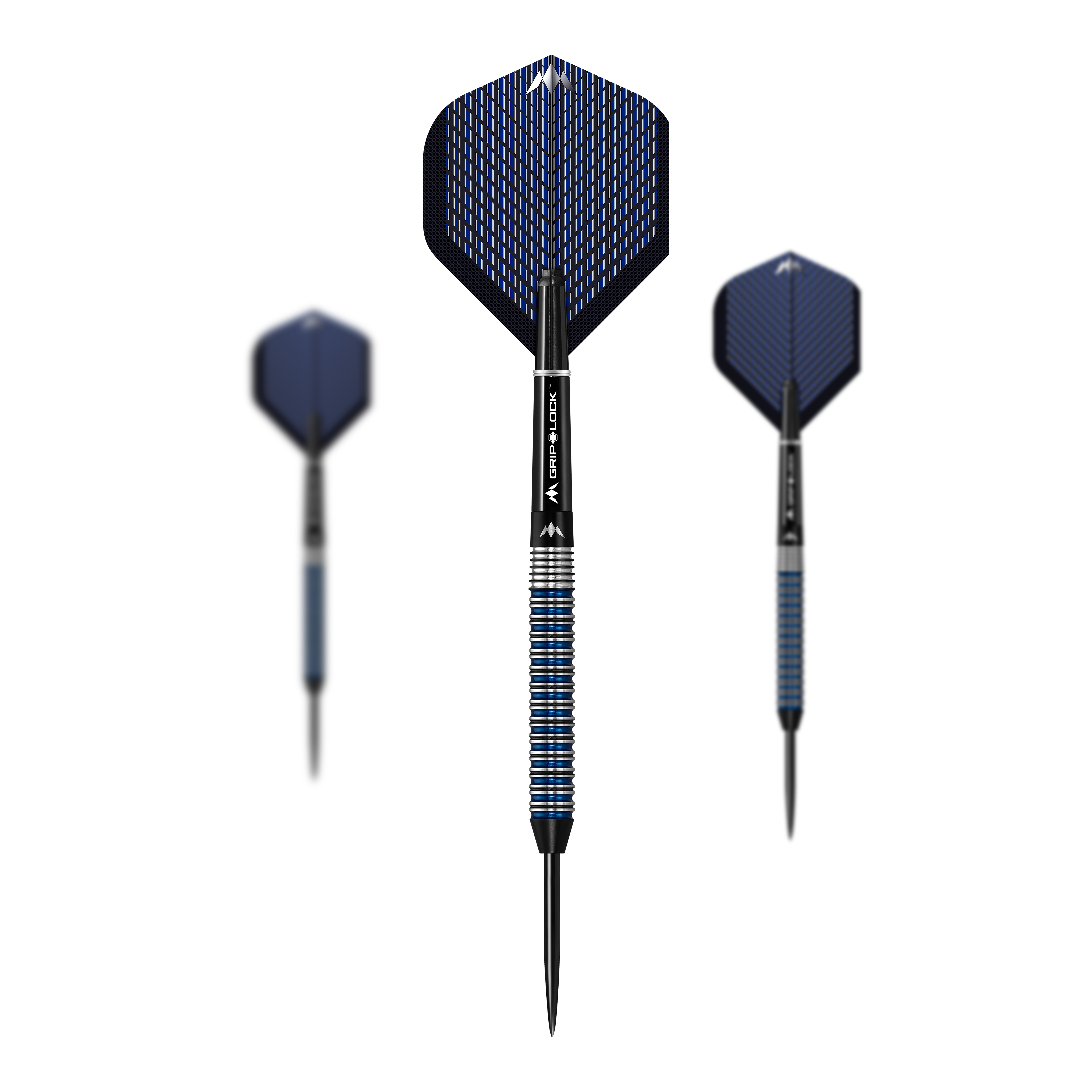Mission Nightfall Model 2 steel darts Das Bild zeigt drei Steeldarts des Modells "Mission Nightfall Model 2". Die Pfeile haben schwarze Spitzen, silber-blaue Griffe und dunkelblaue Flights mit Muster.